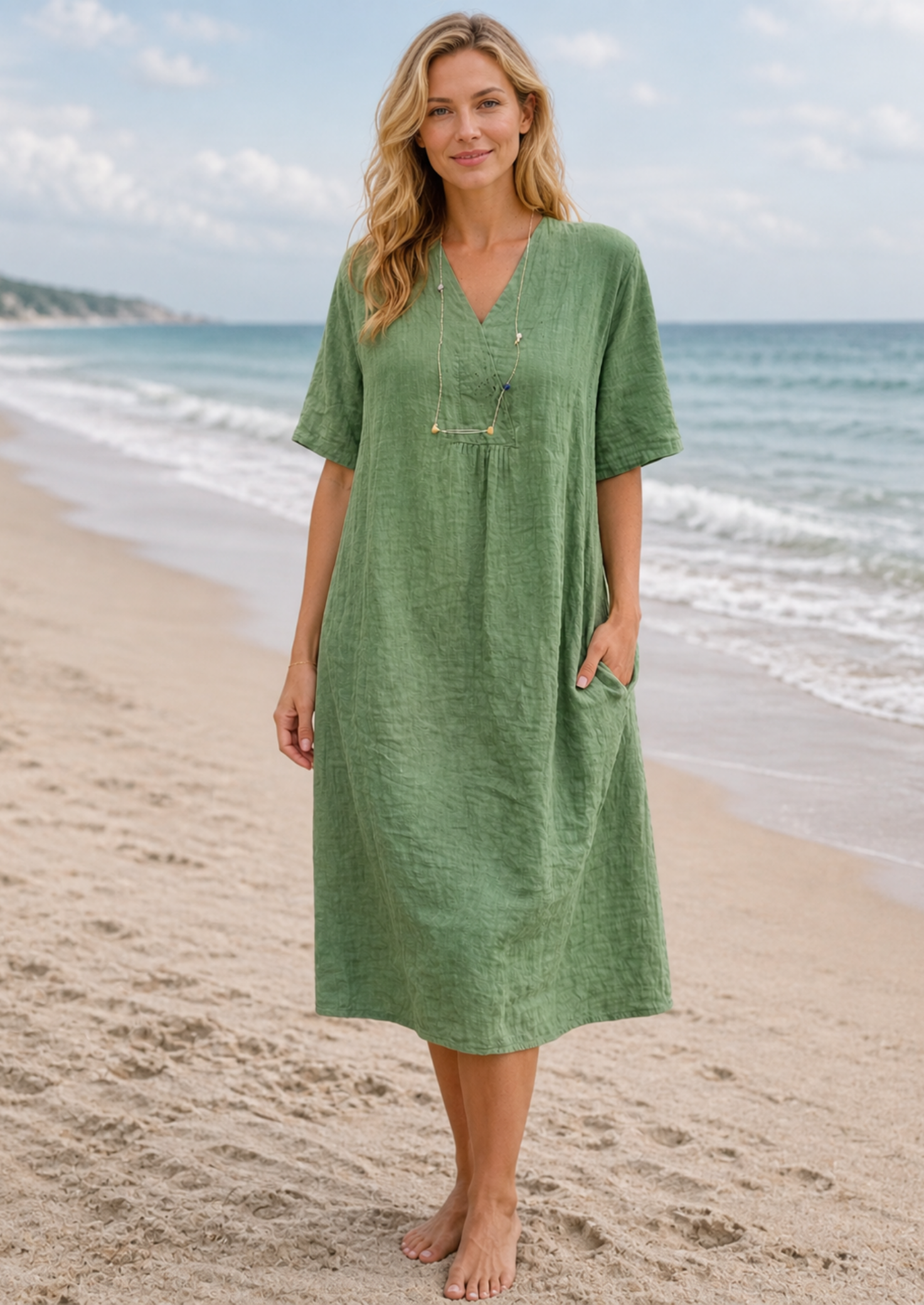 Women’s V-Neck Midi Dress with Short Sleeves