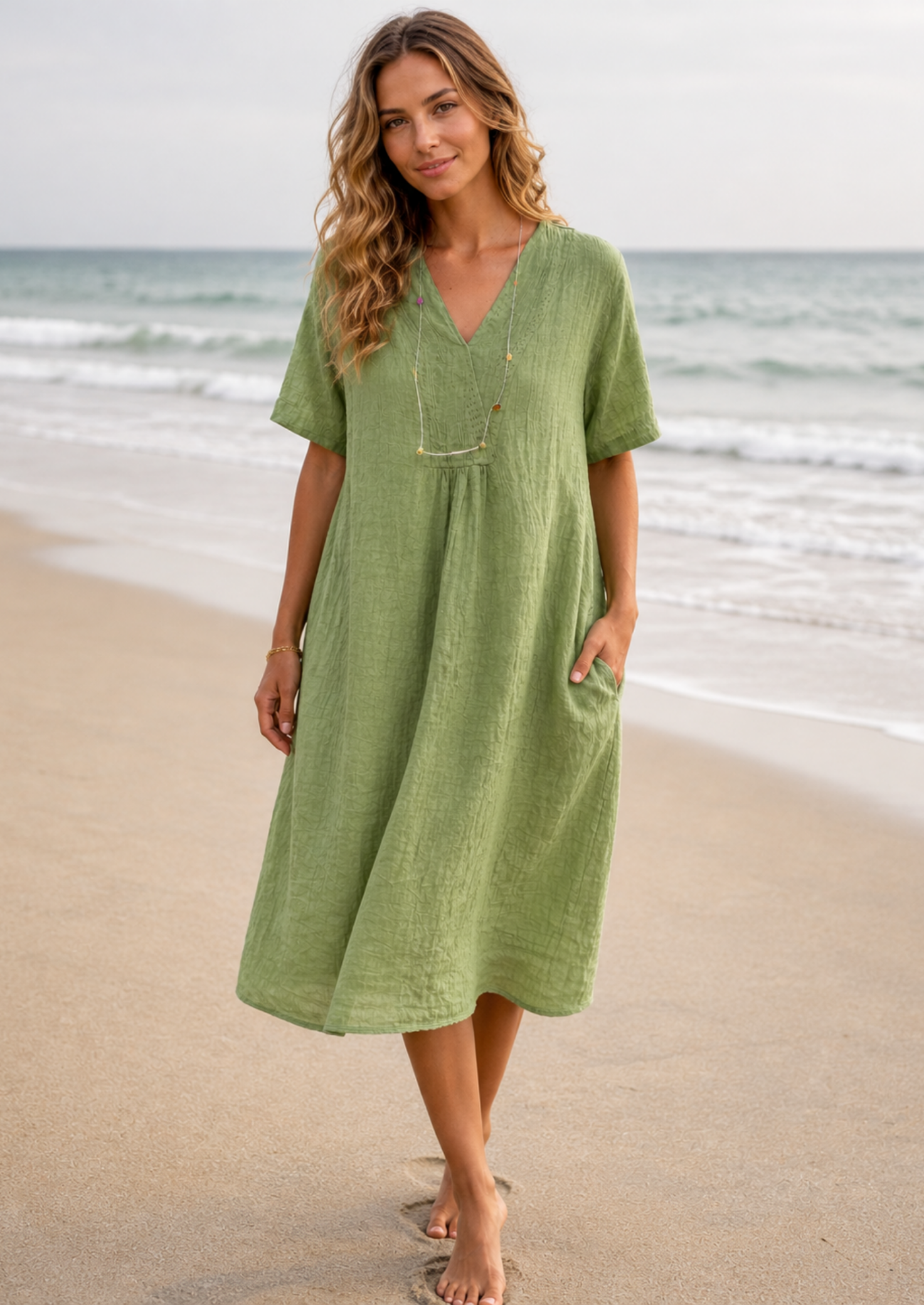 Women’s V-Neck Midi Dress with Short Sleeves