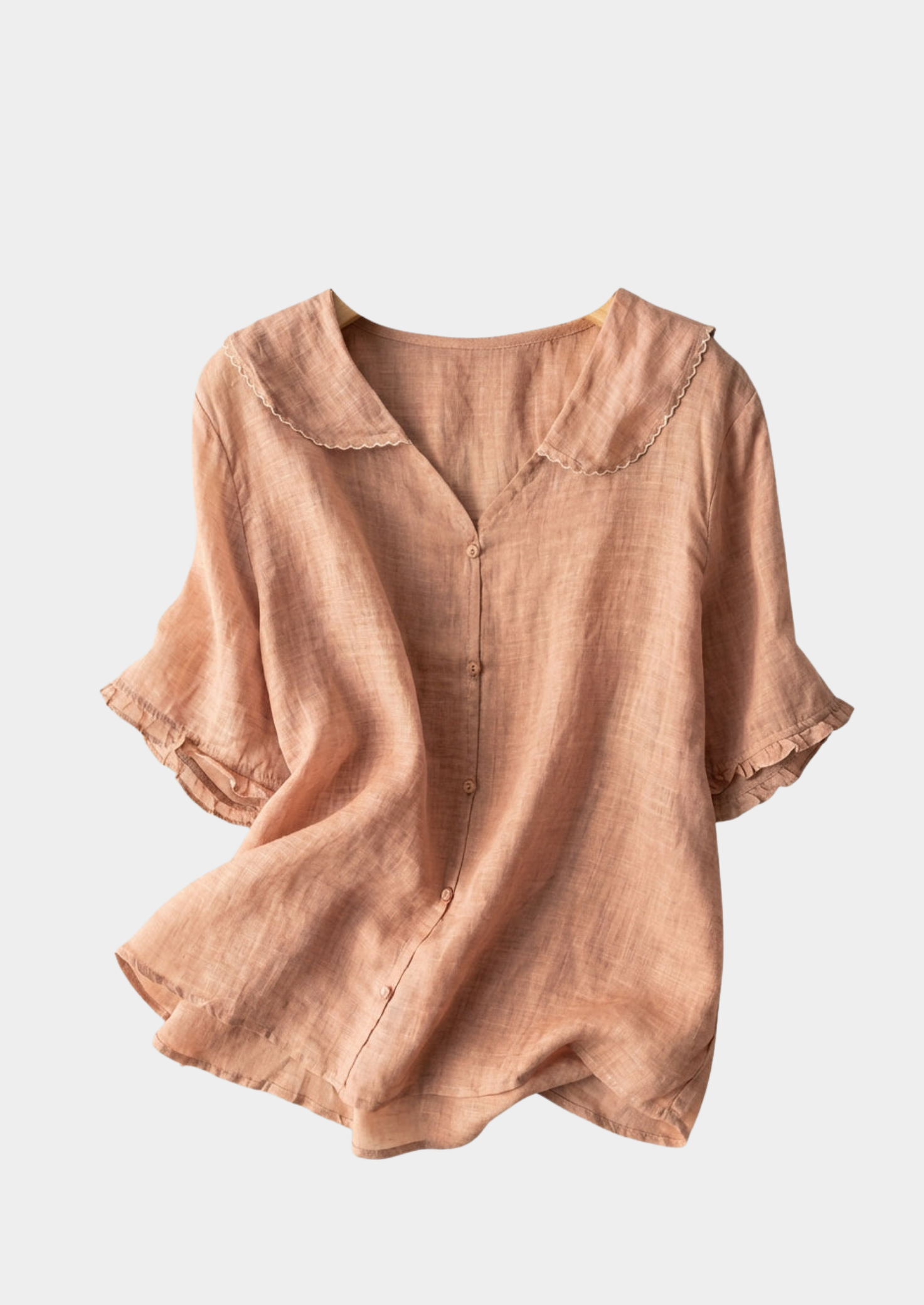 Women’s Short Sleeve Blouse with Button Placket and Rounded Collar