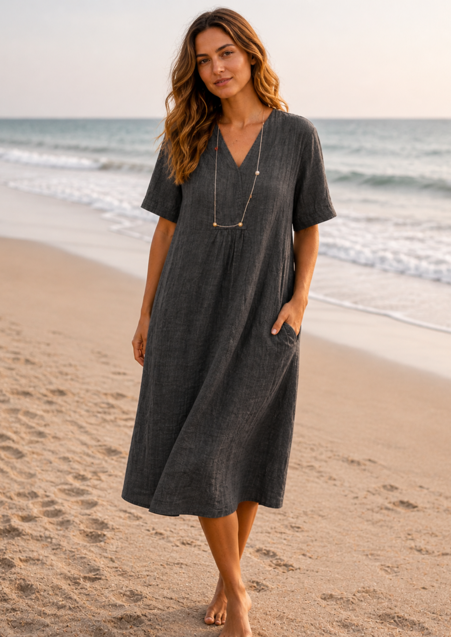 Women’s V-Neck Midi Dress with Short Sleeves