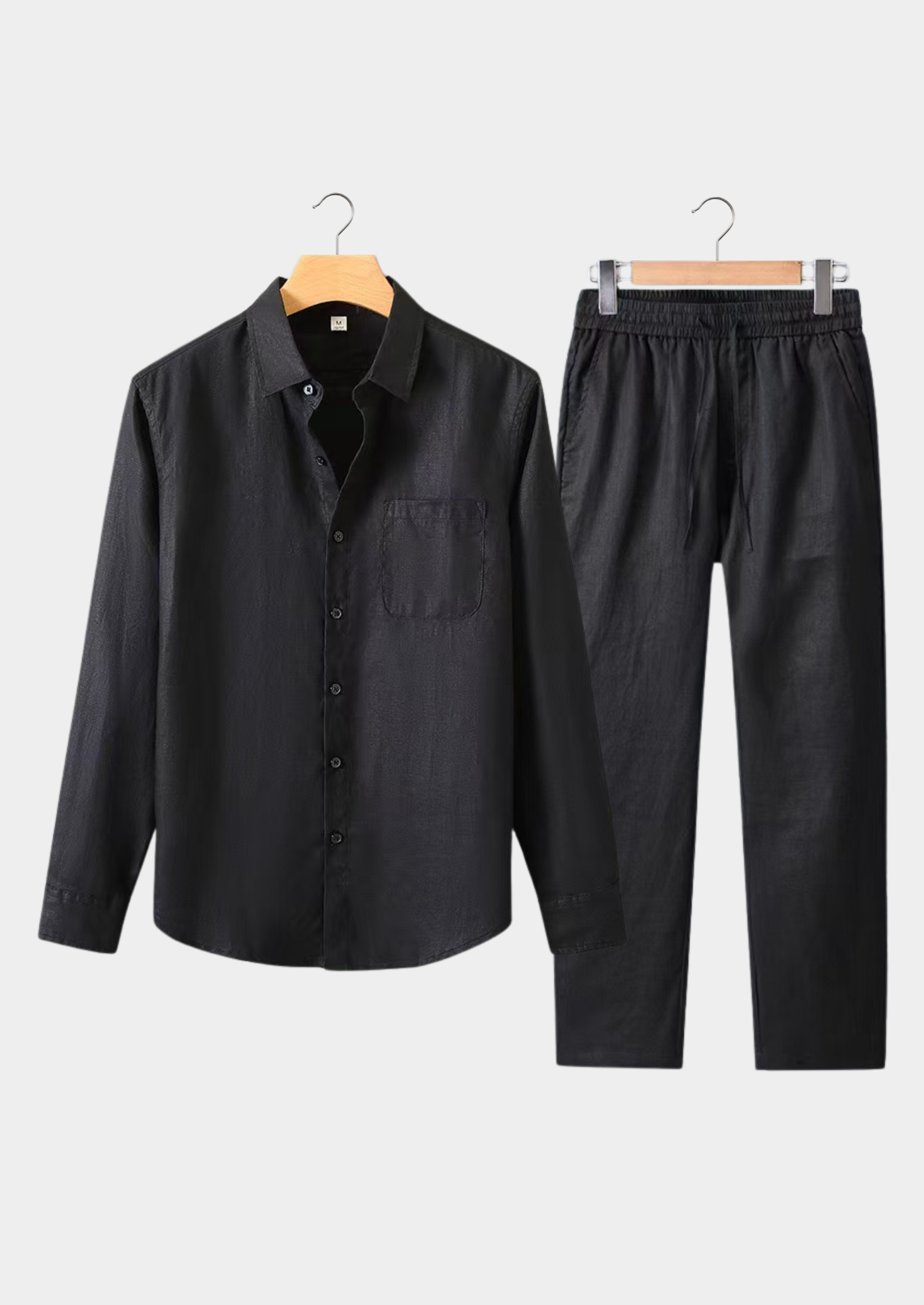 Men’s Two-Piece Set with Long Sleeve Button-Up Shirt and Drawstring Trousers