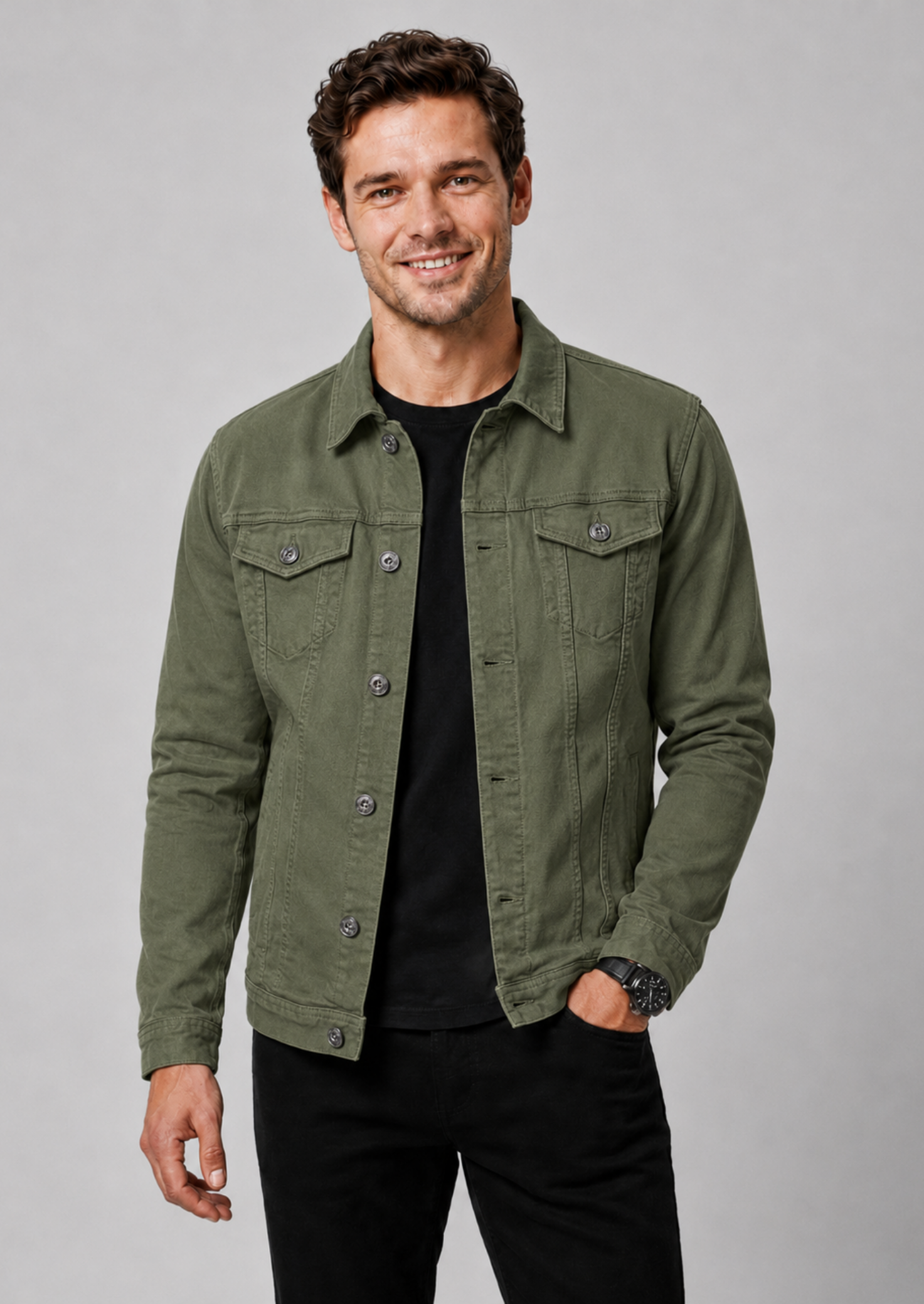 Men’s Denim Jacket with Button Front and Chest Pockets