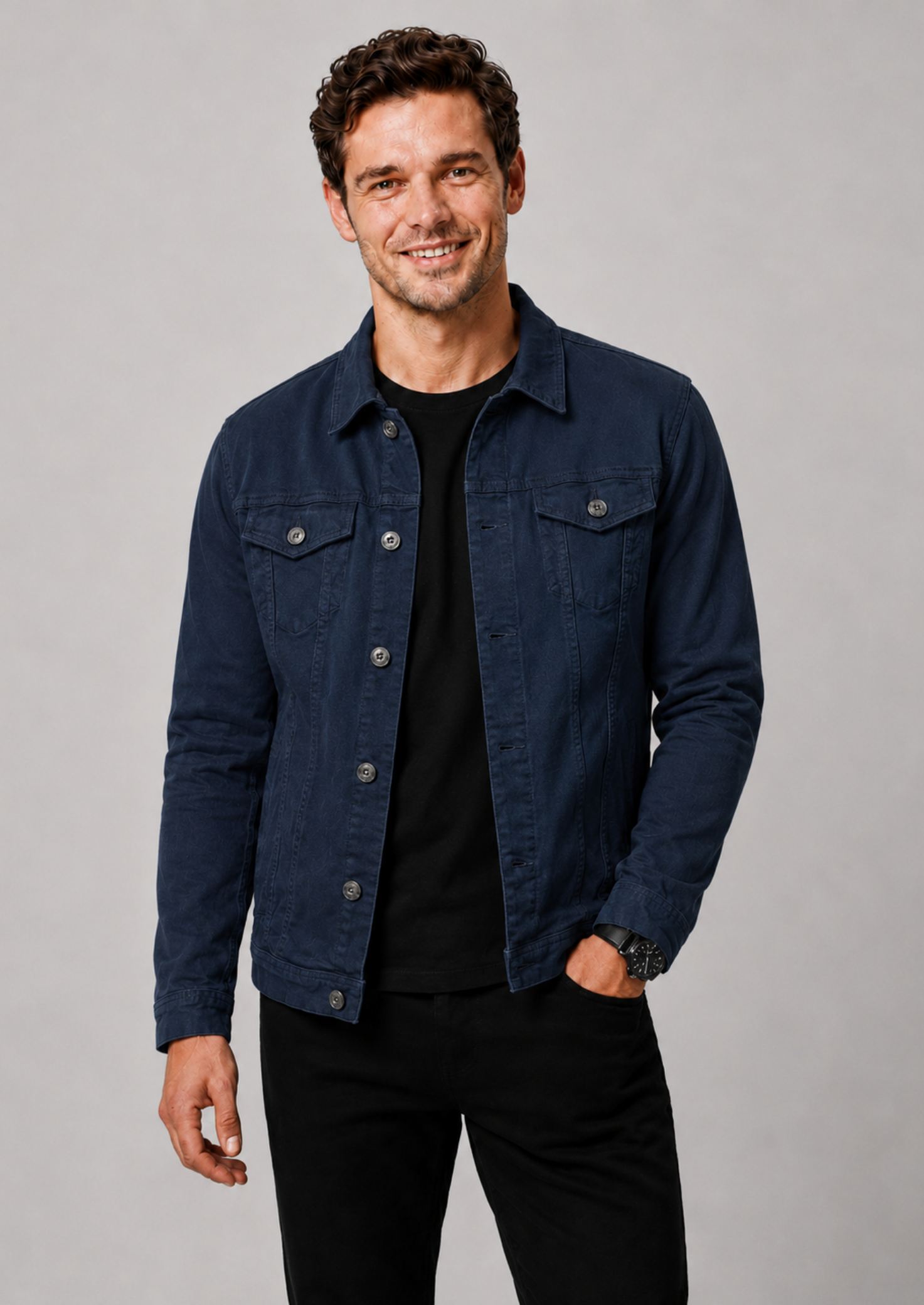 Men’s Denim Jacket with Button Front and Chest Pockets