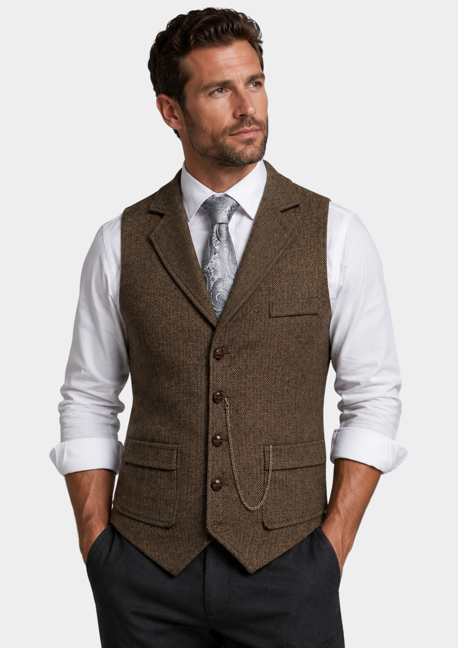 Men’s Herringbone Waistcoat with Lapel Collar