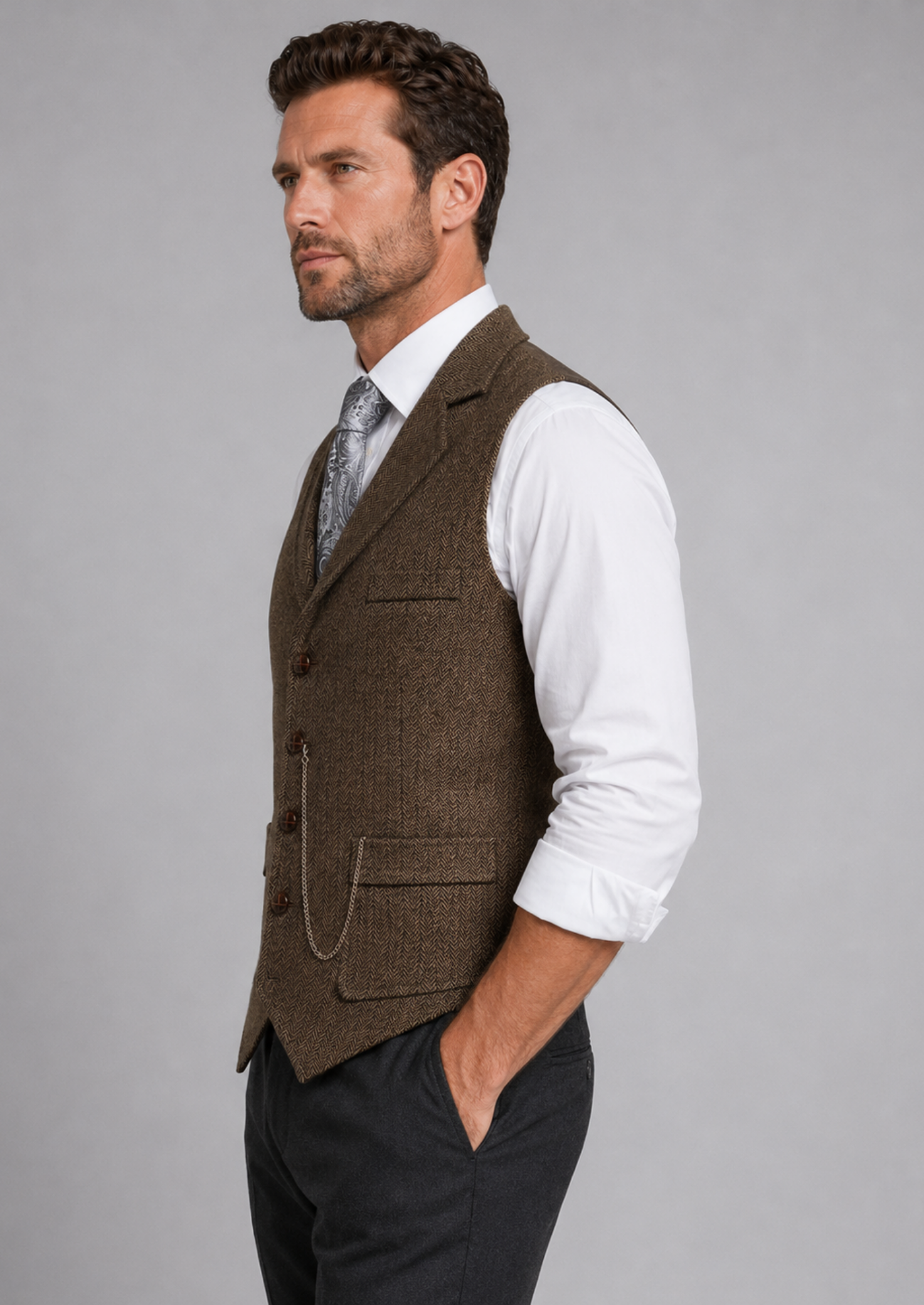 Men’s Herringbone Waistcoat with Lapel Collar