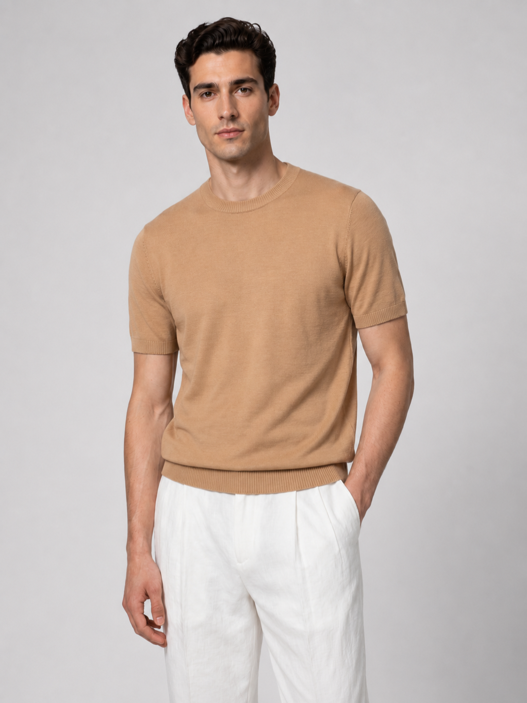 Men’s Knitted T-Shirt with Ribbed Trim