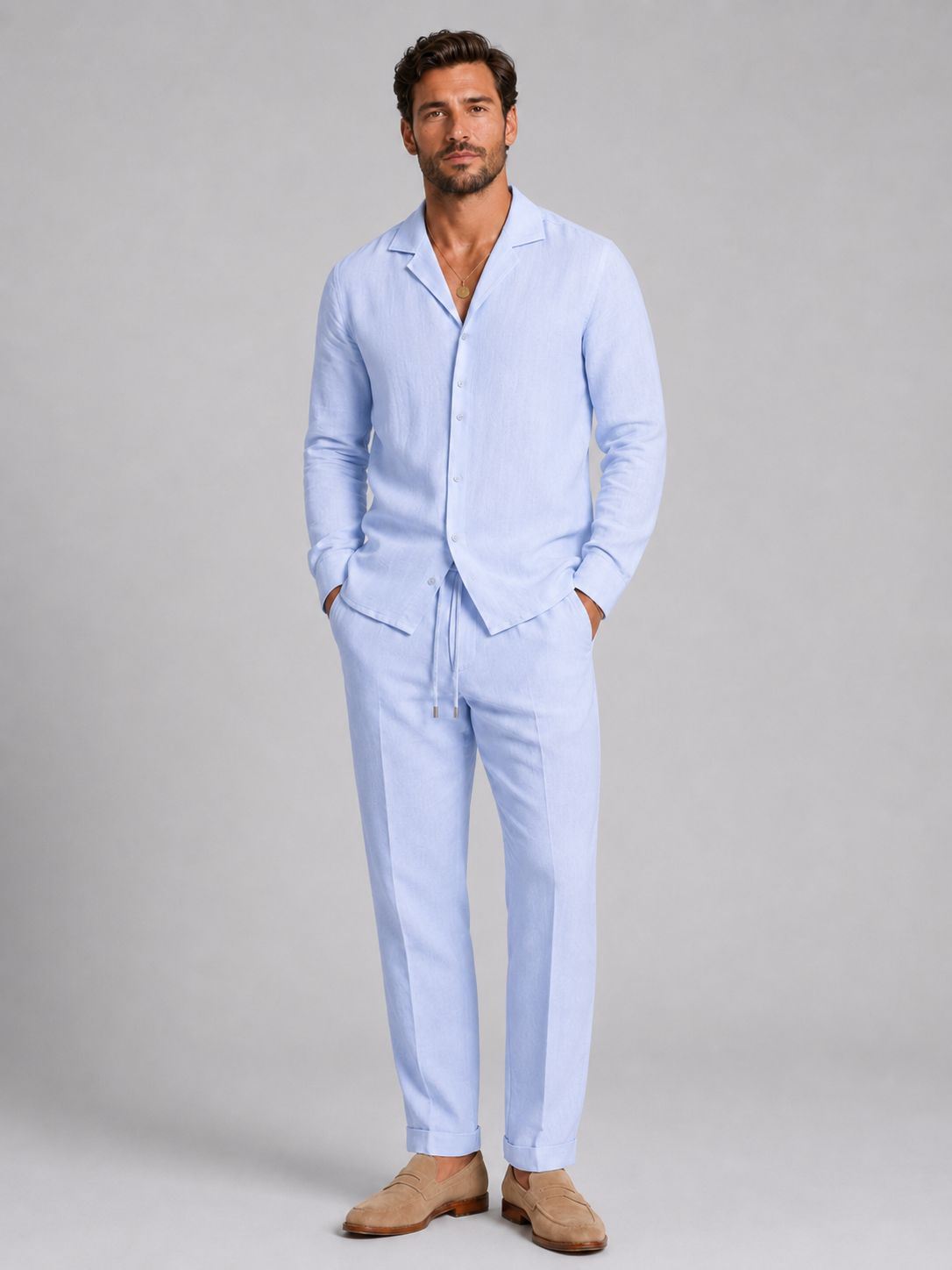 Men’s Linen-Style Shirt and Straight-Leg Trouser Set