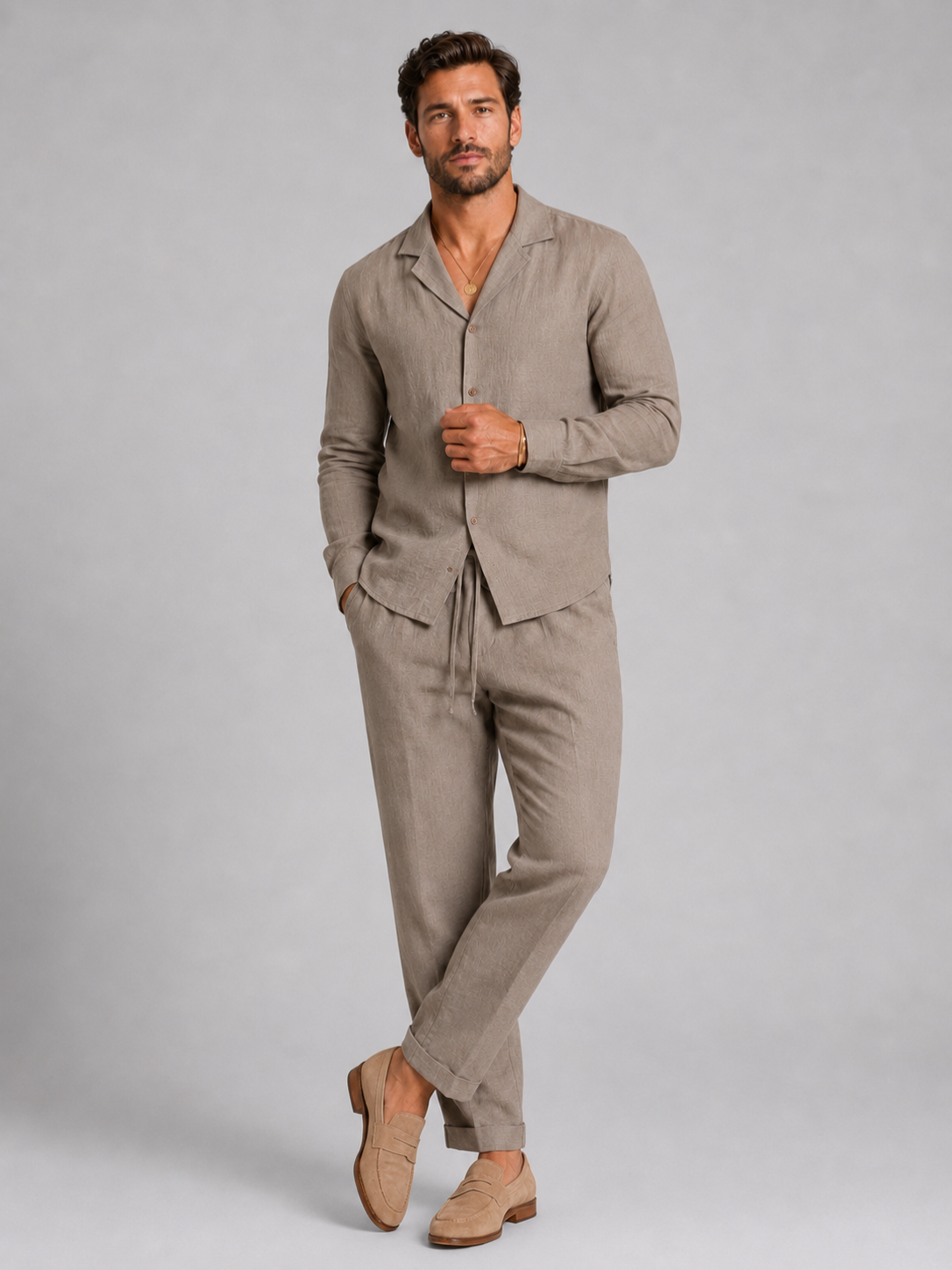 Men’s Linen-Style Shirt and Straight-Leg Trouser Set