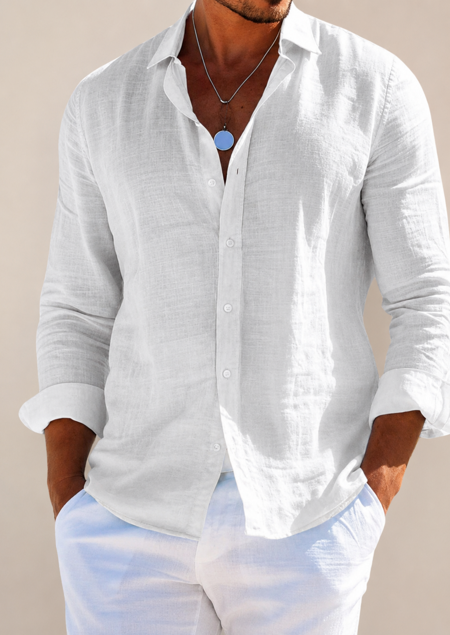 Men’s Linen Blend Long Sleeve Shirt with Button Closure