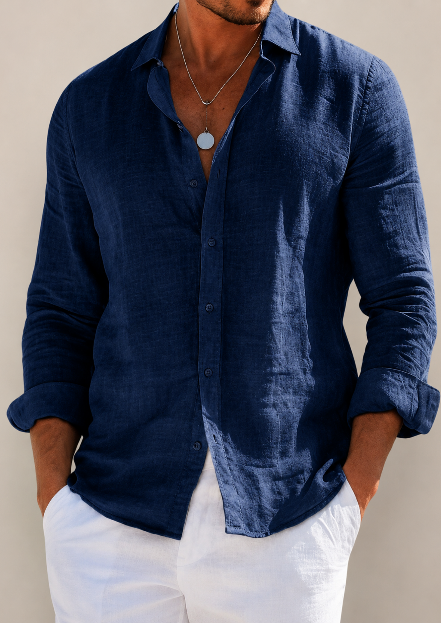 Men’s Linen Blend Long Sleeve Shirt with Button Closure