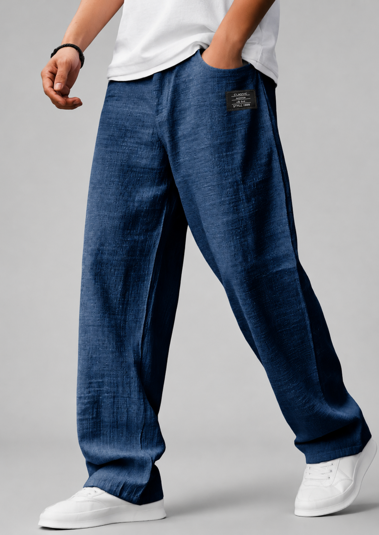 Men’s Linen Straight-Leg Pants with Badge Detail