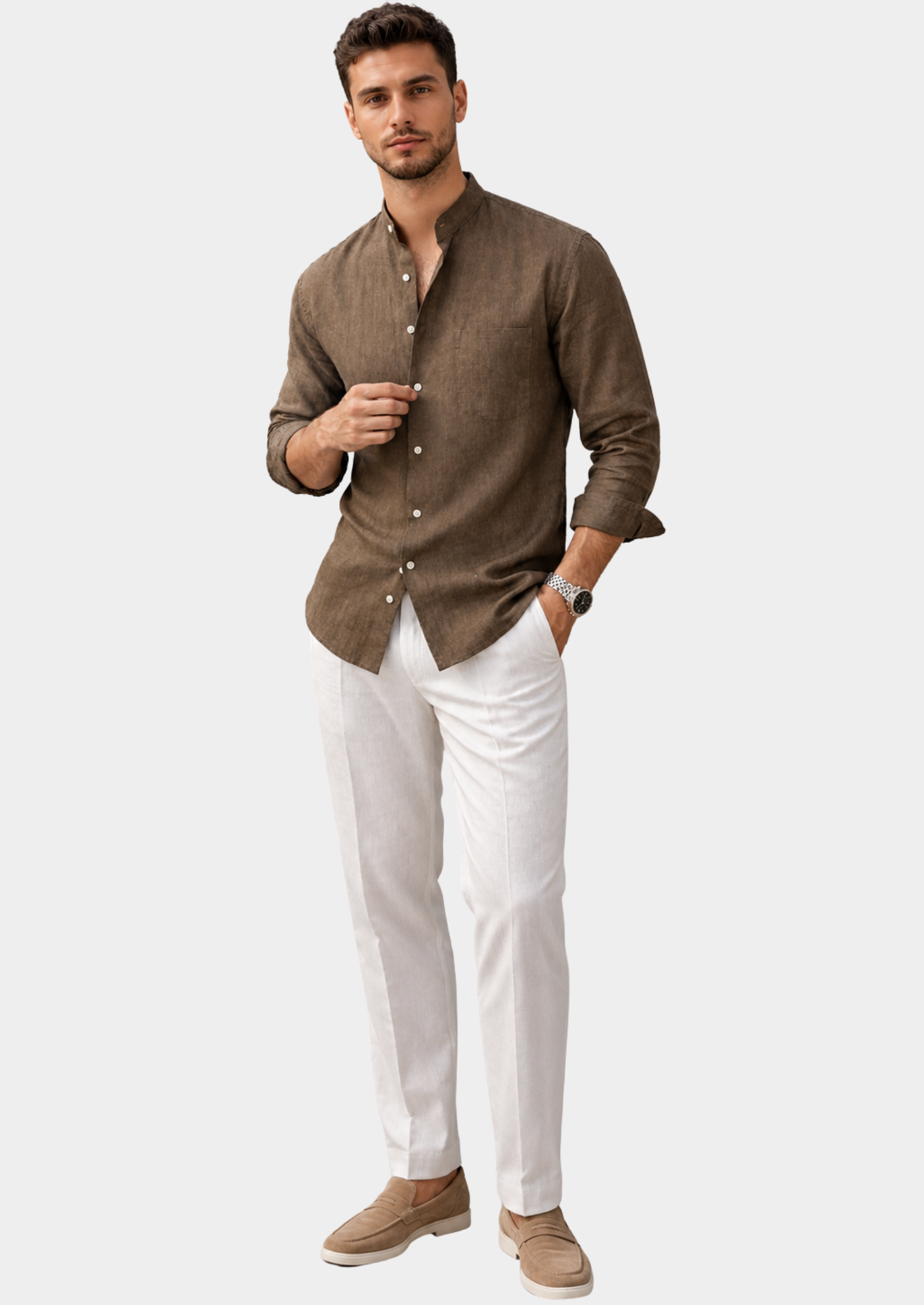 Men’s Long Sleeve Shirt with Grandad Collar and Chest Pocket