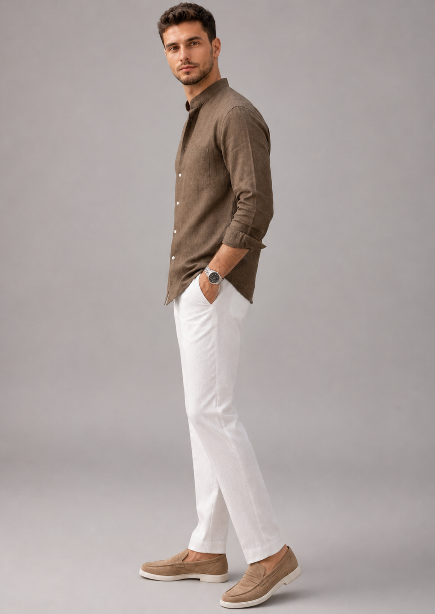 Men’s Long Sleeve Shirt with Grandad Collar and Chest Pocket