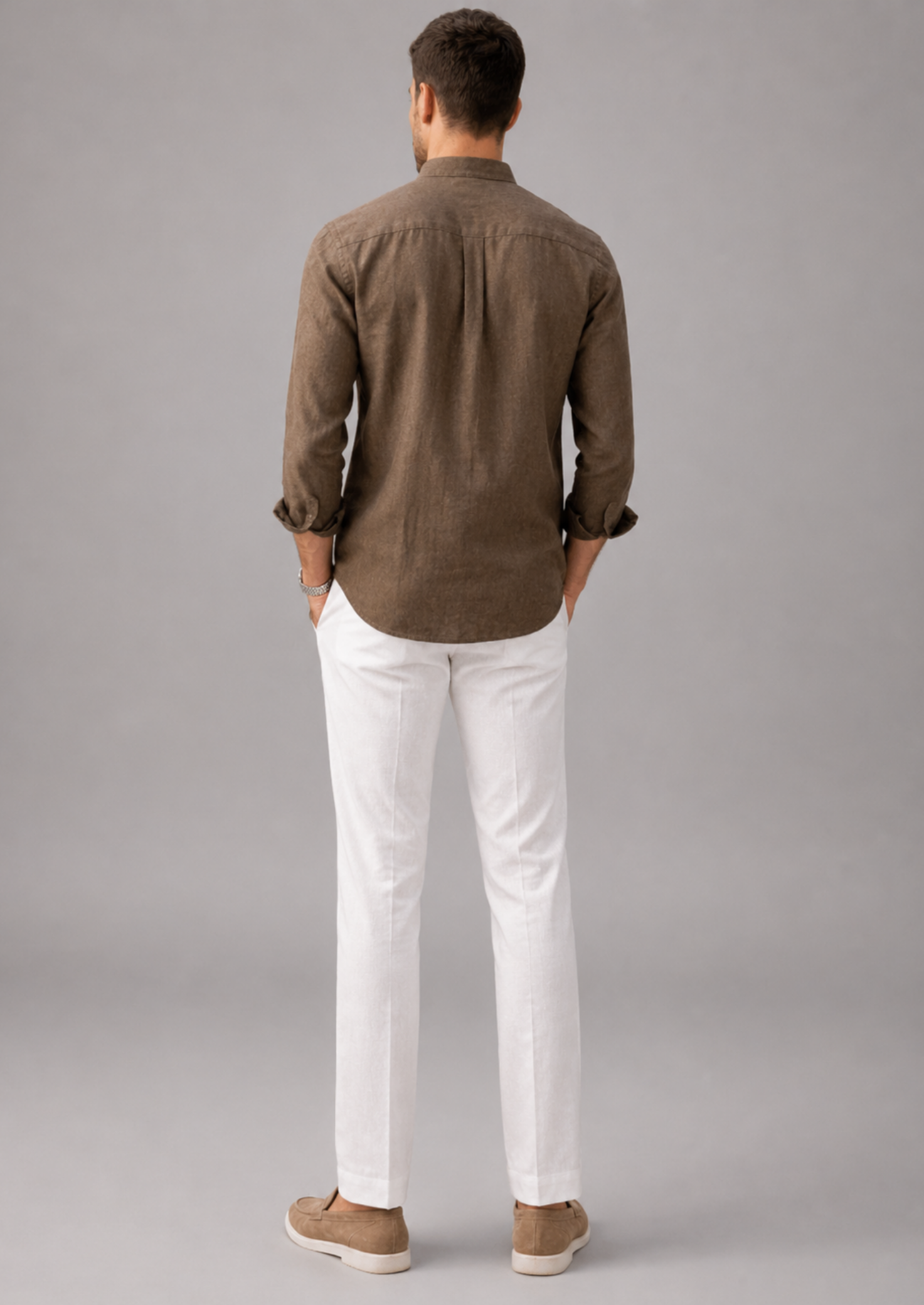 Men’s Long Sleeve Shirt with Grandad Collar and Chest Pocket
