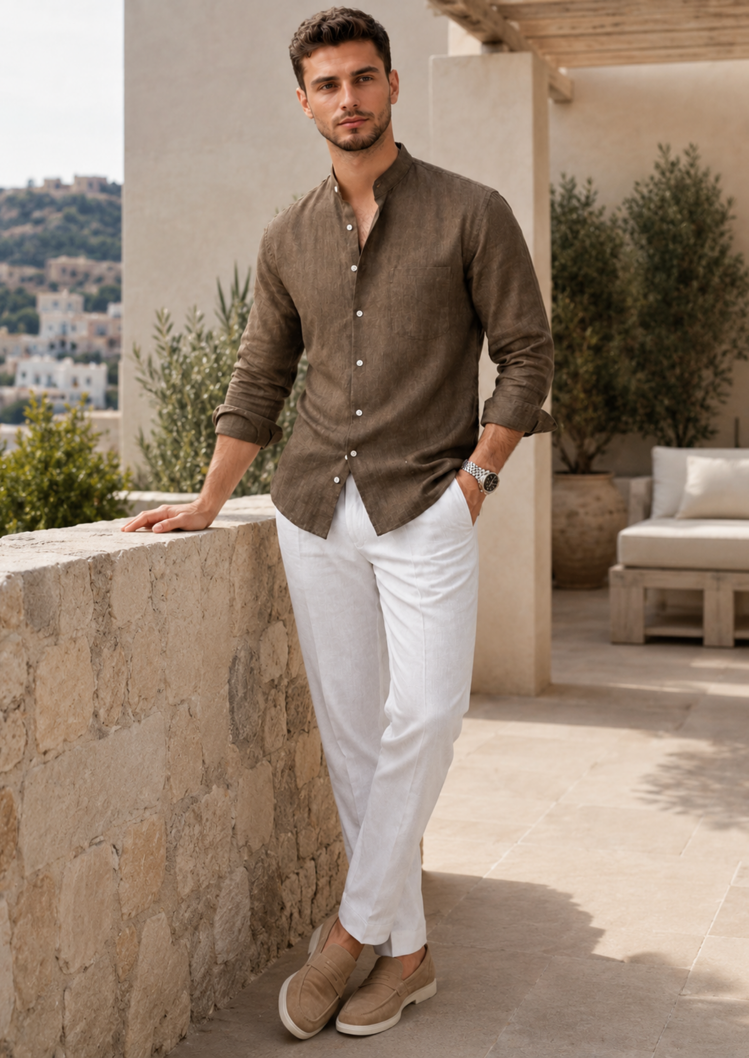 Men’s Long Sleeve Shirt with Grandad Collar and Chest Pocket