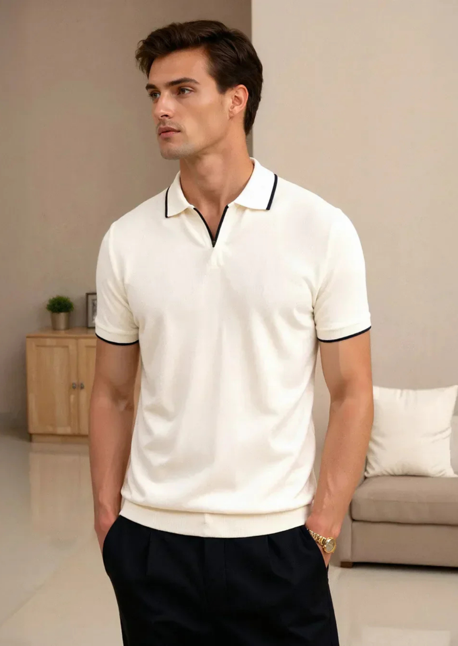 Men’s Polo Shirt with Contrast Trim and Button Placket