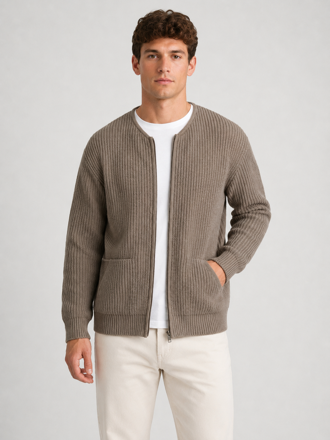 Men’s Ribbed Knit Cardigan with Zip Closure