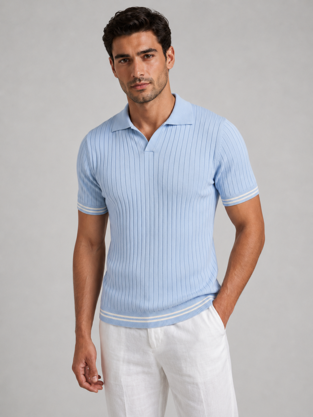 Men’s Ribbed Knit Polo with Open Collar