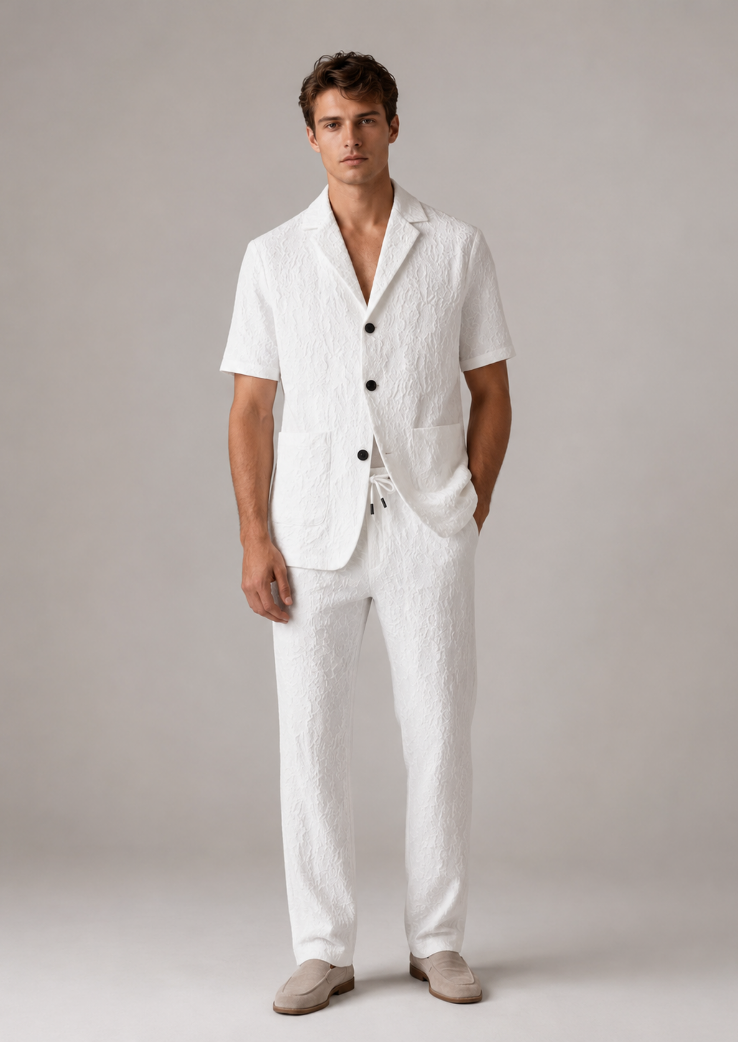 Men’s Short Sleeve Blazer and Shorts Set with Textured Fabric