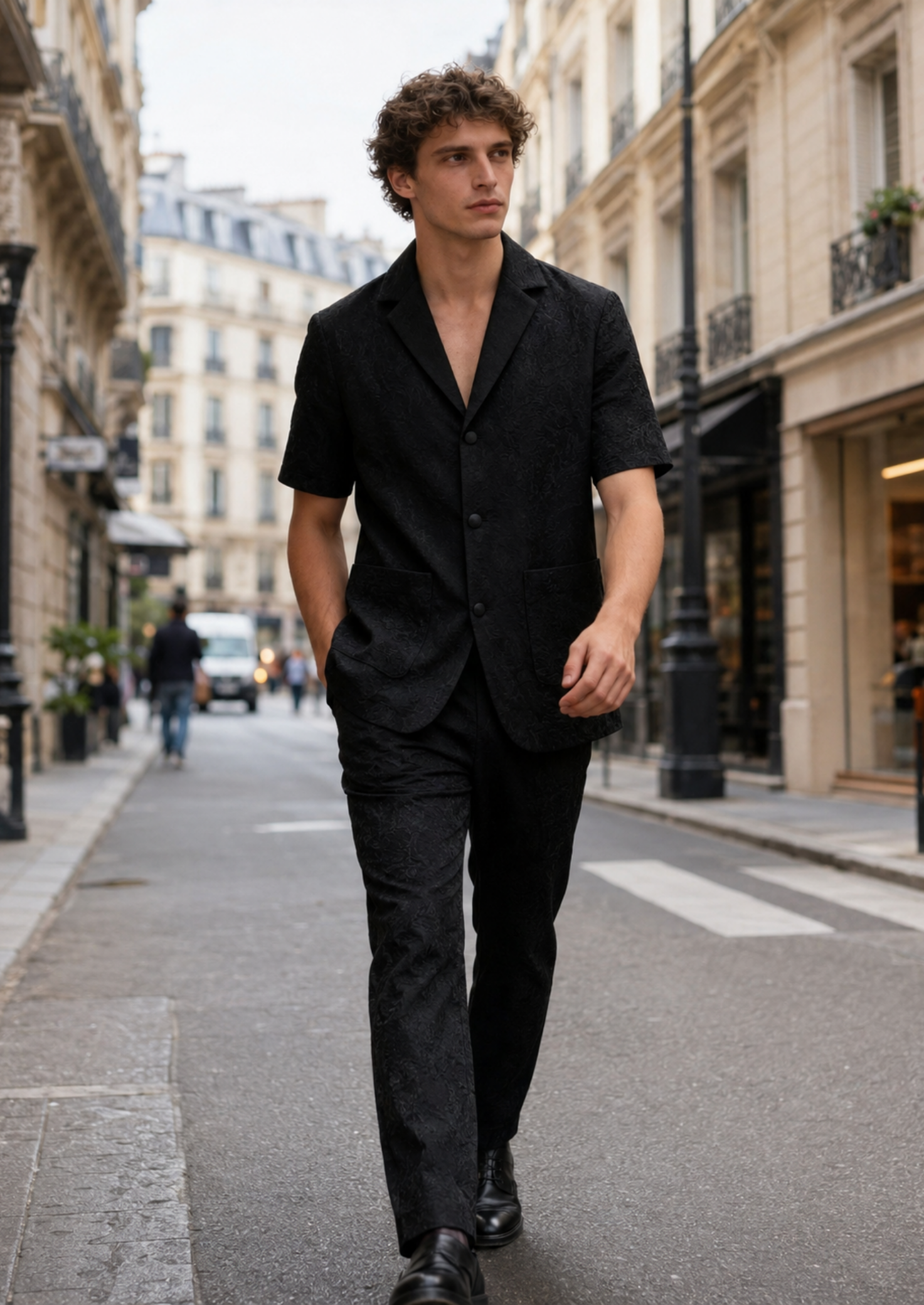 Men’s Short Sleeve Blazer and Shorts Set with Textured Fabric