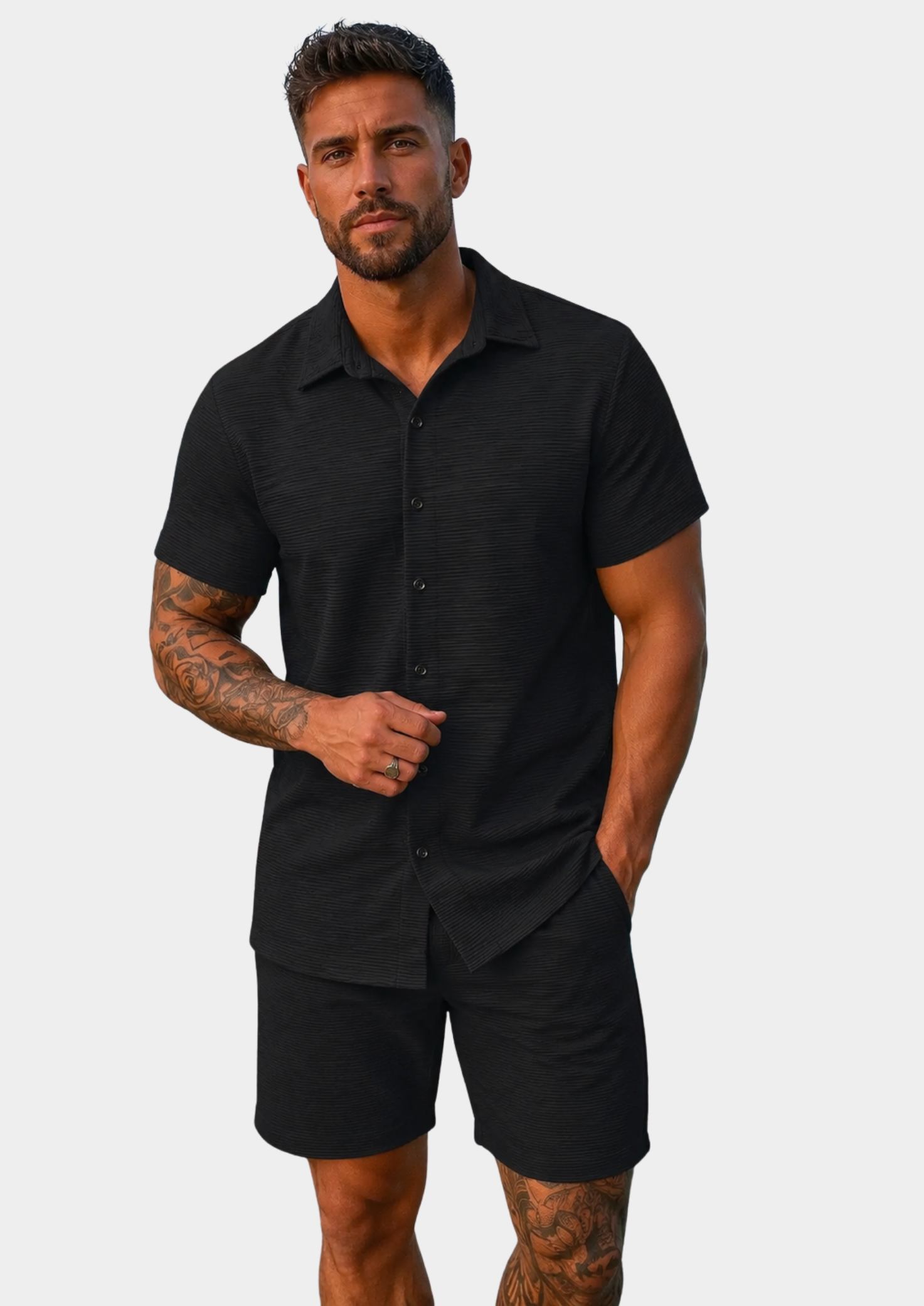 Men’s Short Sleeve Shirt and Shorts Set with Jacquard Texture