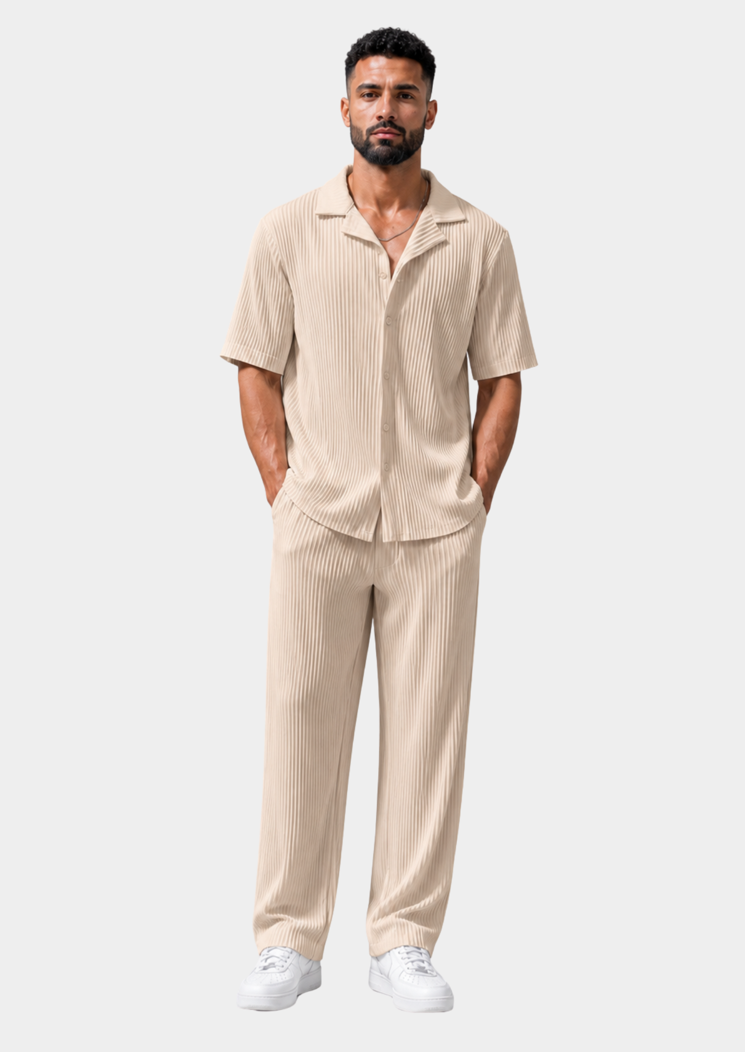 Men’s Short Sleeve Shirt and Trouser Set with Drawstring Waist