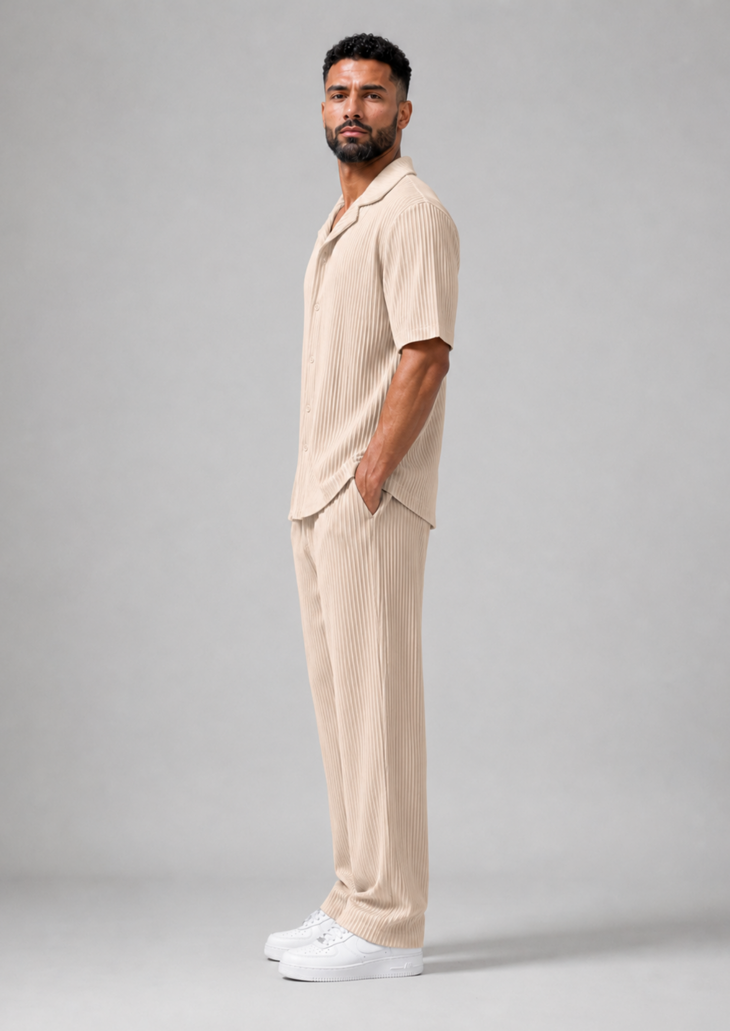Men’s Short Sleeve Shirt and Trouser Set with Drawstring Waist