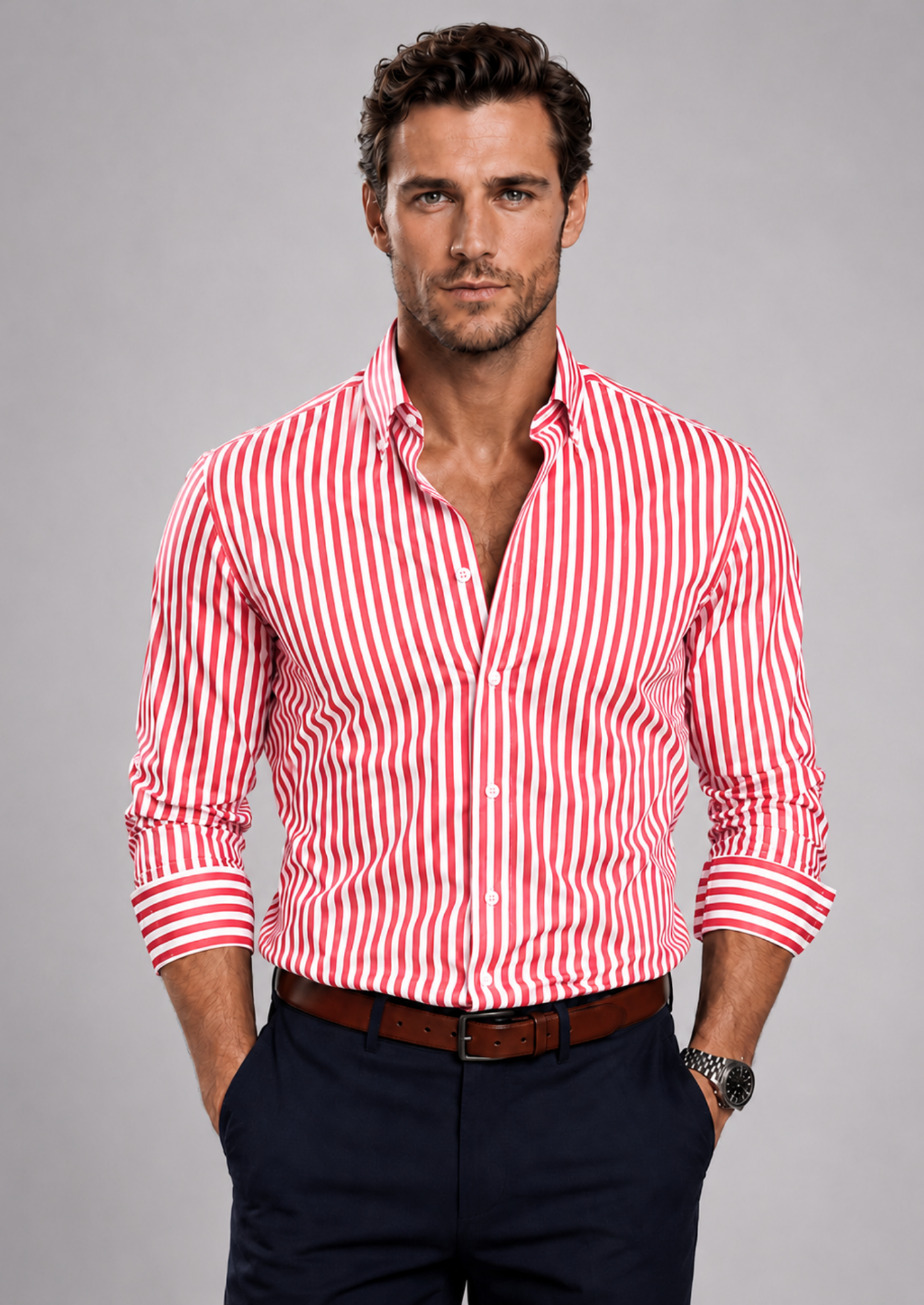 Men’s Striped Button-Up Shirt with Long Sleeves