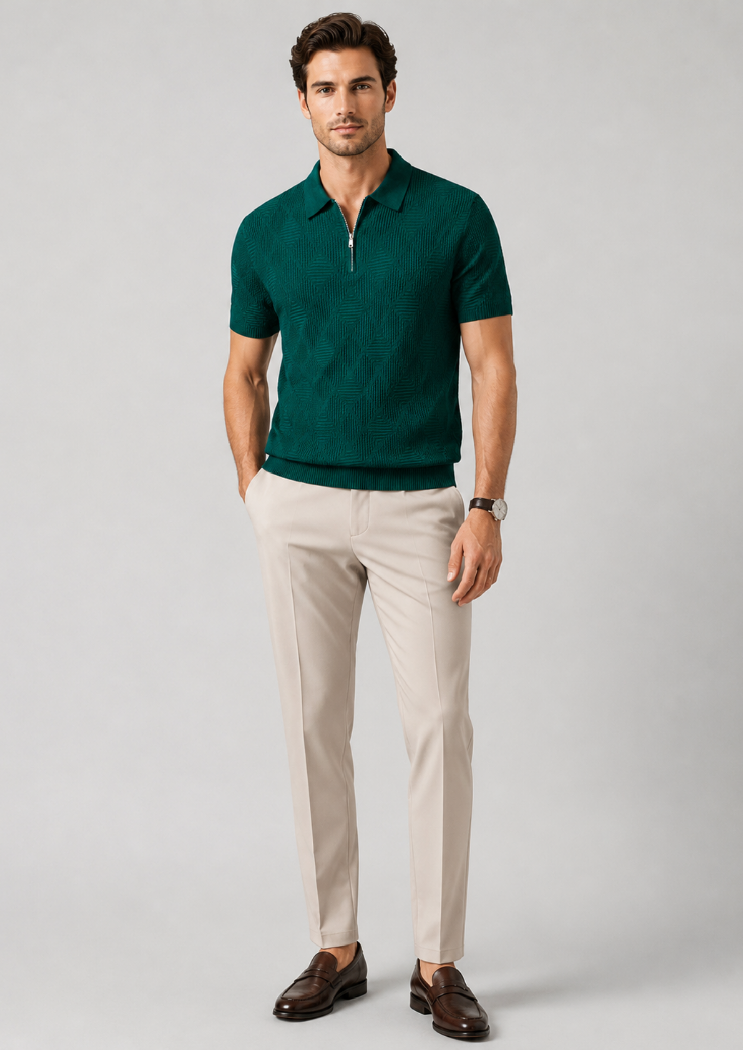 Men’s Textured Polo Shirt and Tapered Trousers Set