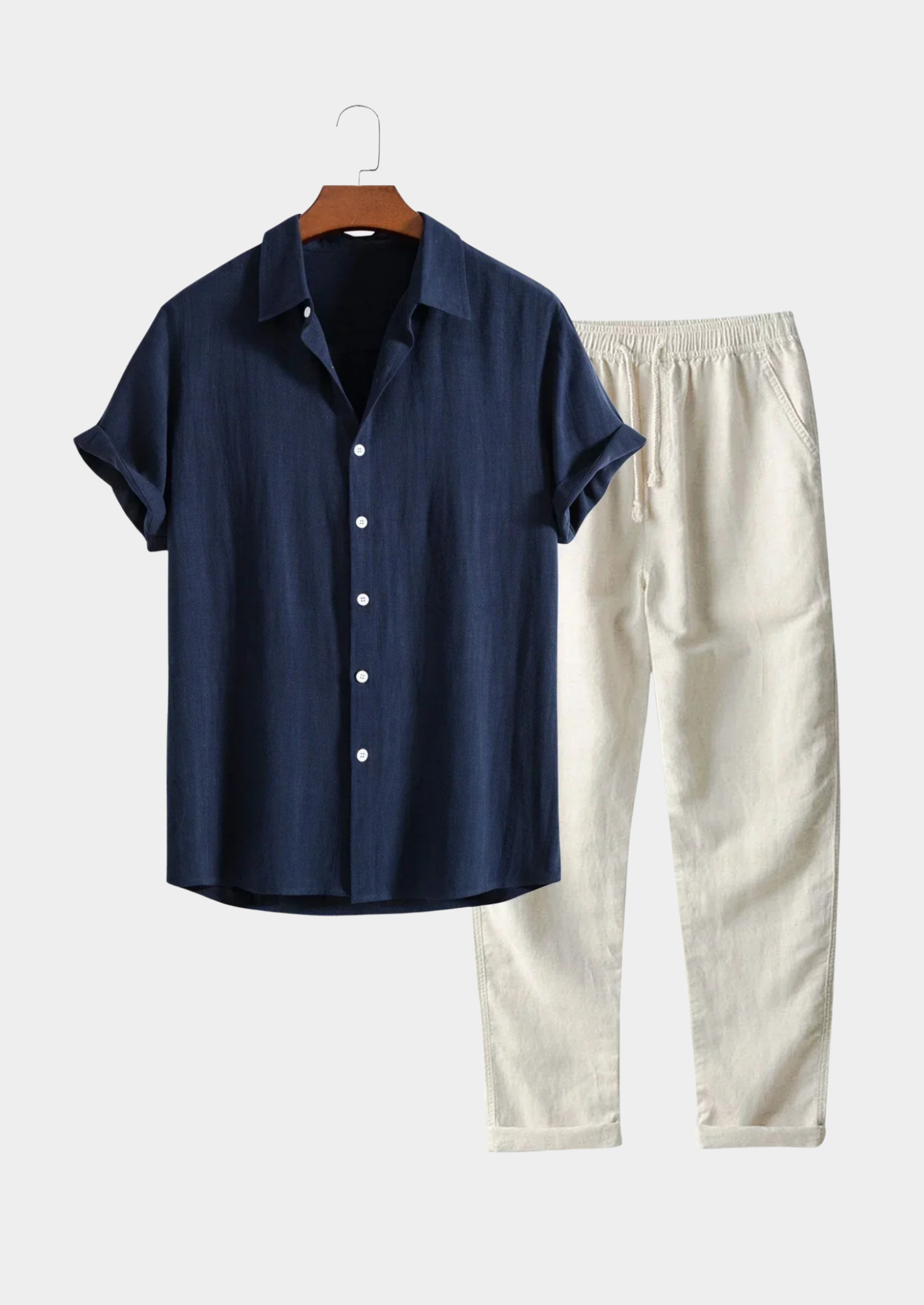 Men’s Two-Piece Linen Set with Short Sleeve Shirt and Drawstring Pants