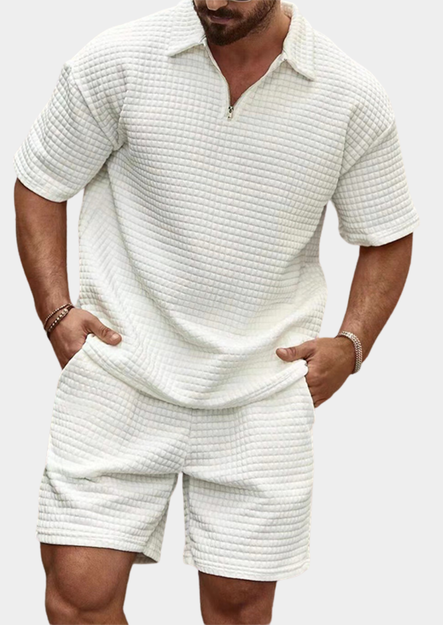 Men’s Two-Piece Short Set with Textured Polo Shirt and Shorts