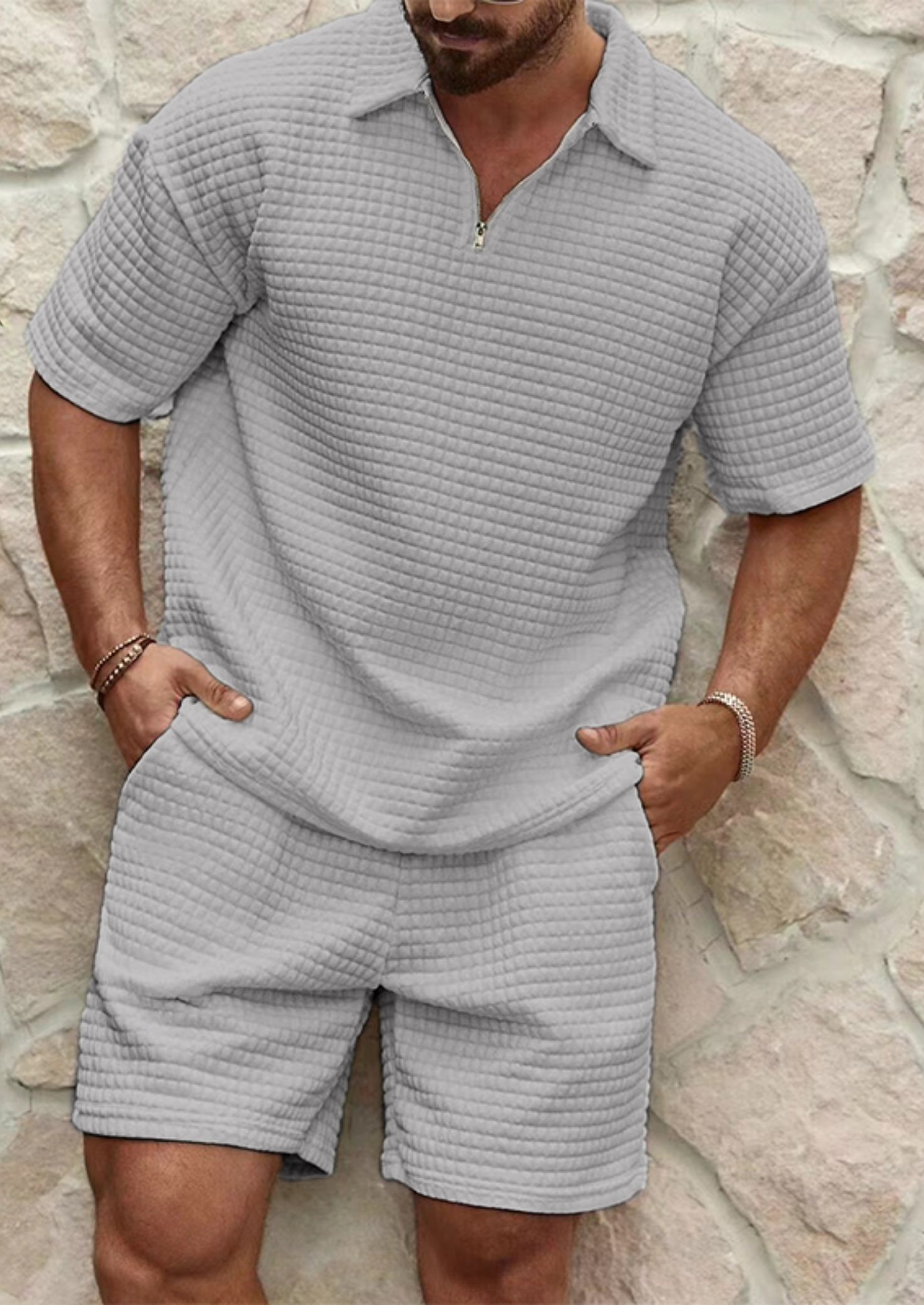 Men’s Two-Piece Short Set with Textured Polo Shirt and Shorts