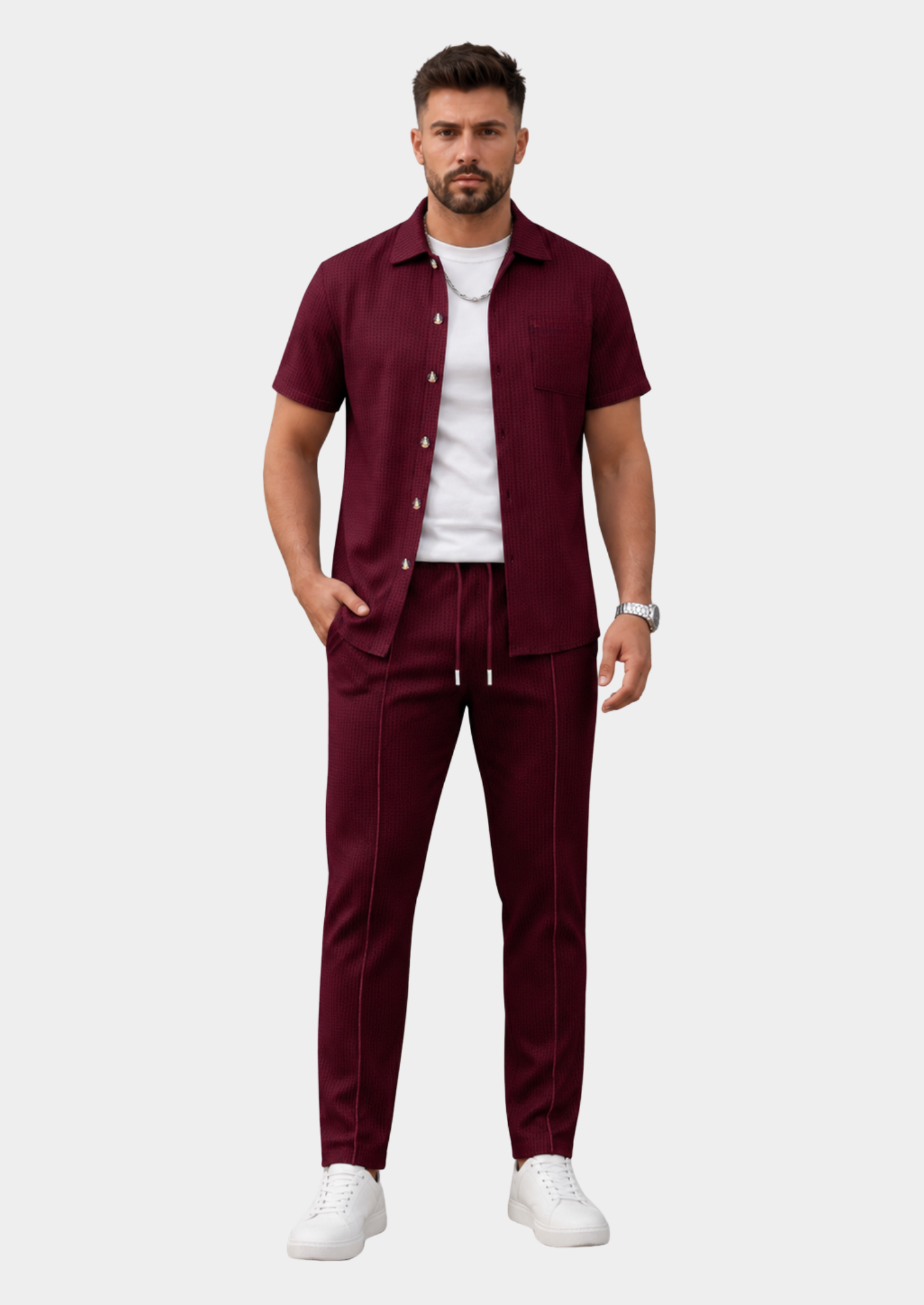 Men’s Waffle Knit Shirt and Trouser Set with Short Sleeves