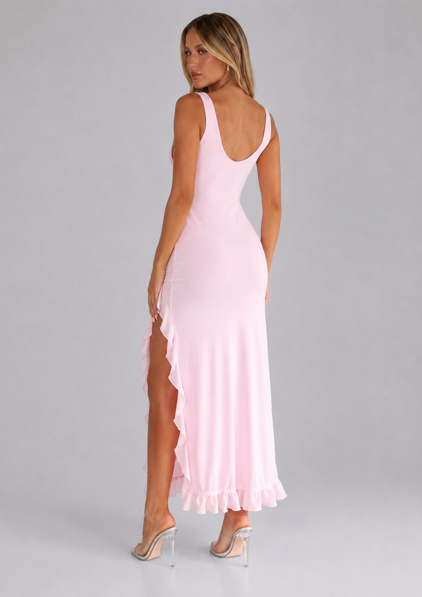 Women’s Backless Maxi Dress with V-Neck and Ruffle Hem