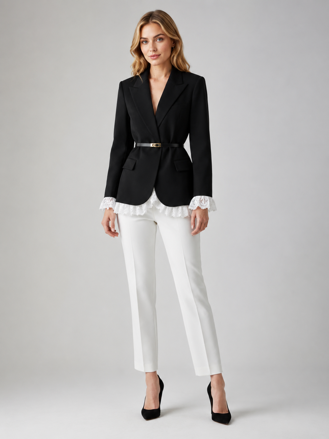Women’s Black Blazer Jacket with Belt and White Ruffle Trim