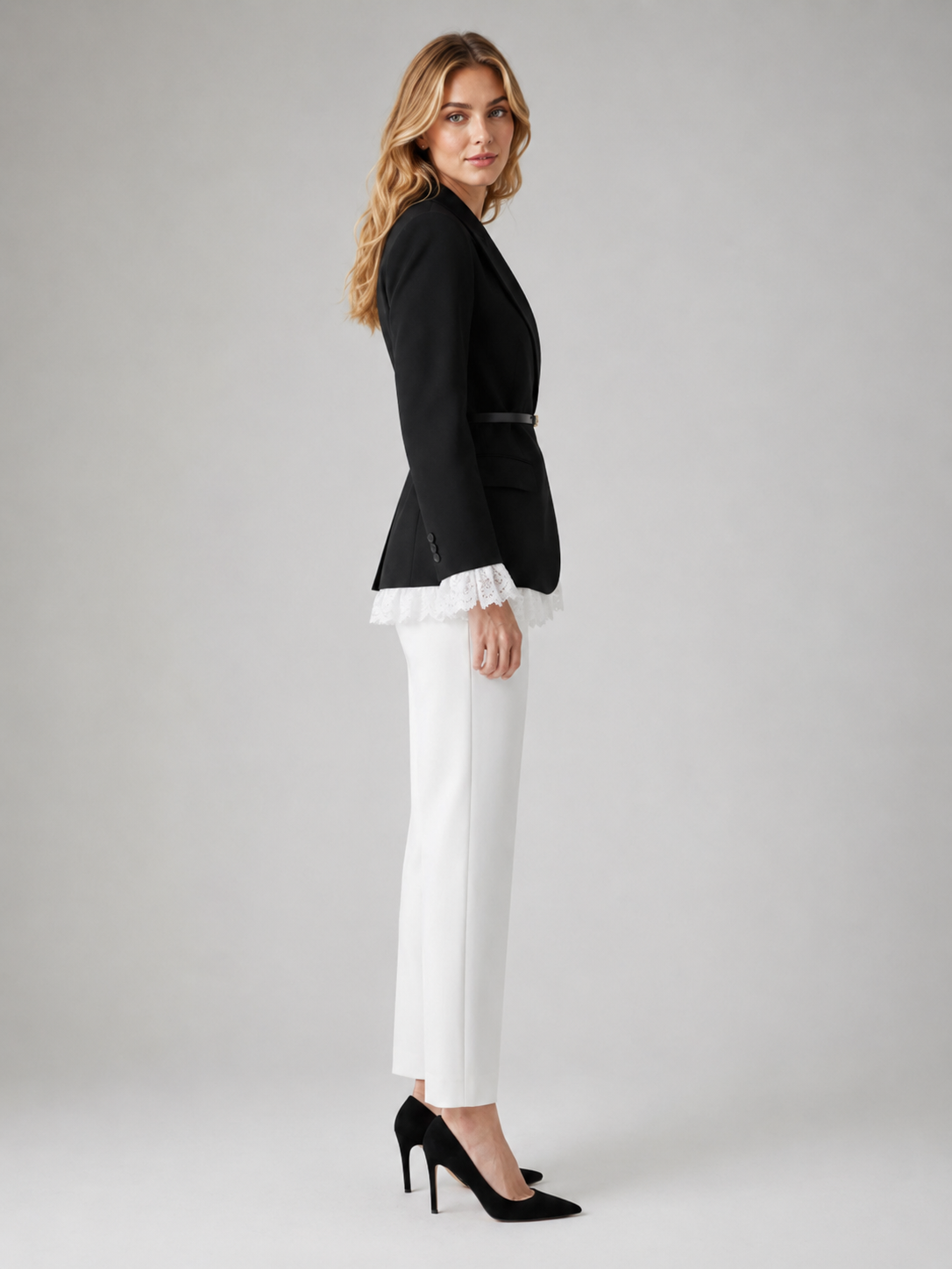 Women’s Black Blazer Jacket with Belt and White Ruffle Trim