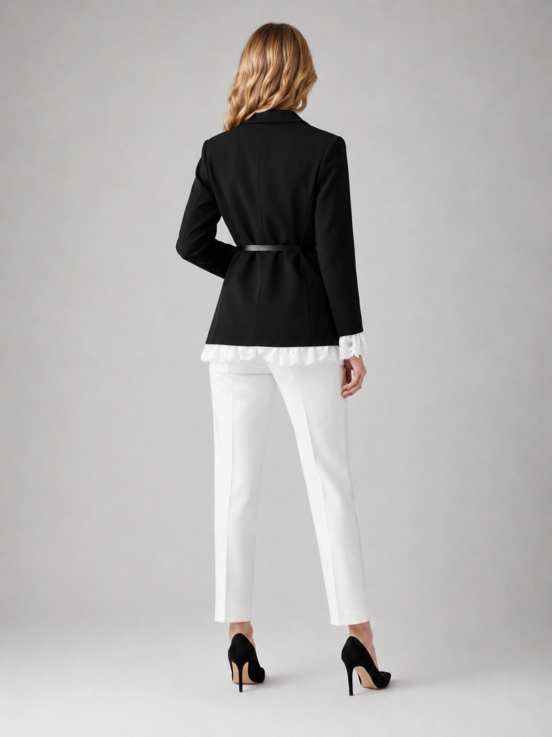 Women’s Black Blazer Jacket with Belt and White Ruffle Trim