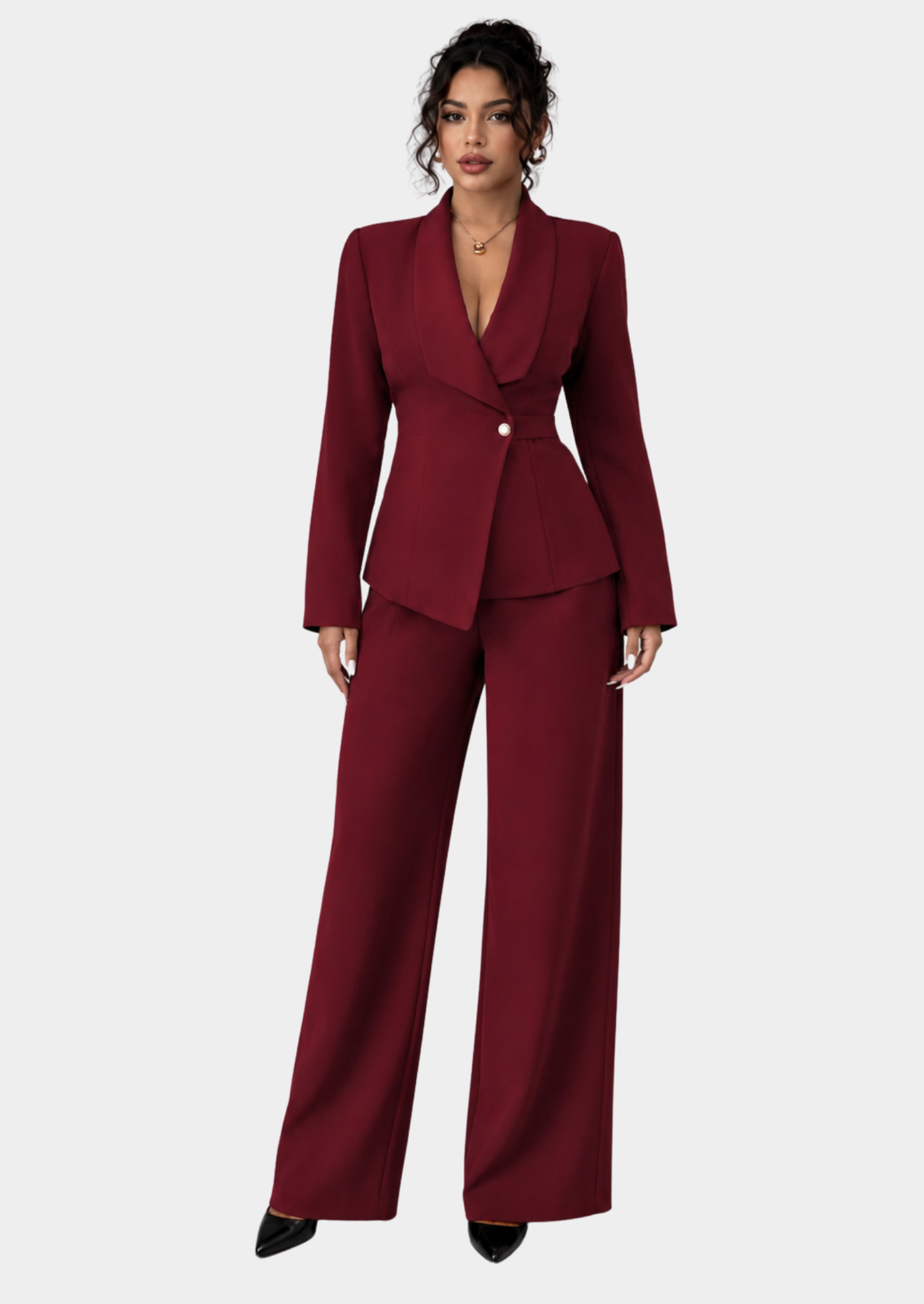 Women’s Blazer and Wide Leg Trouser Set with Long Sleeves