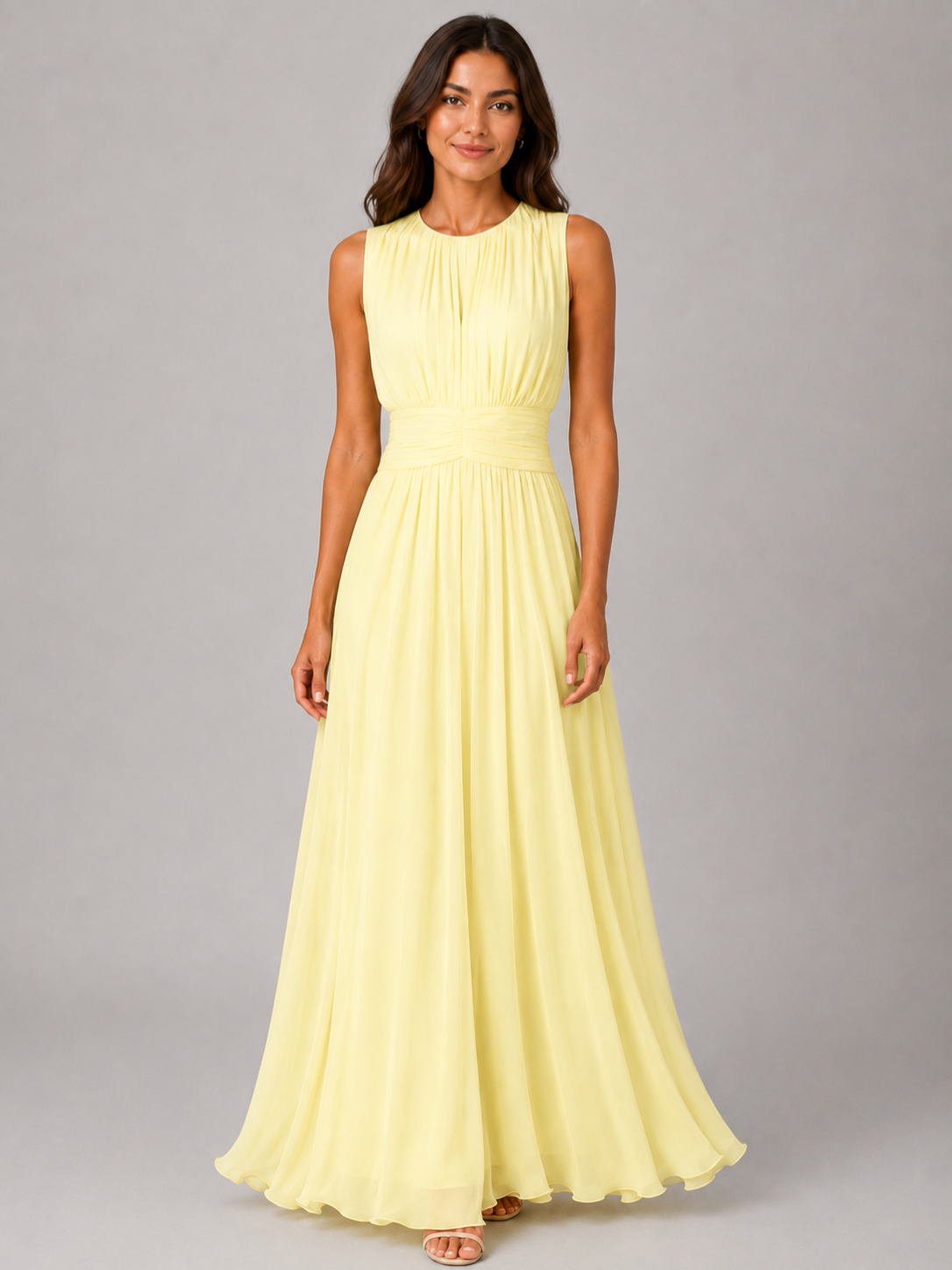 Women’s Chiffon Maxi Dress with High Neck and Ruched Waist