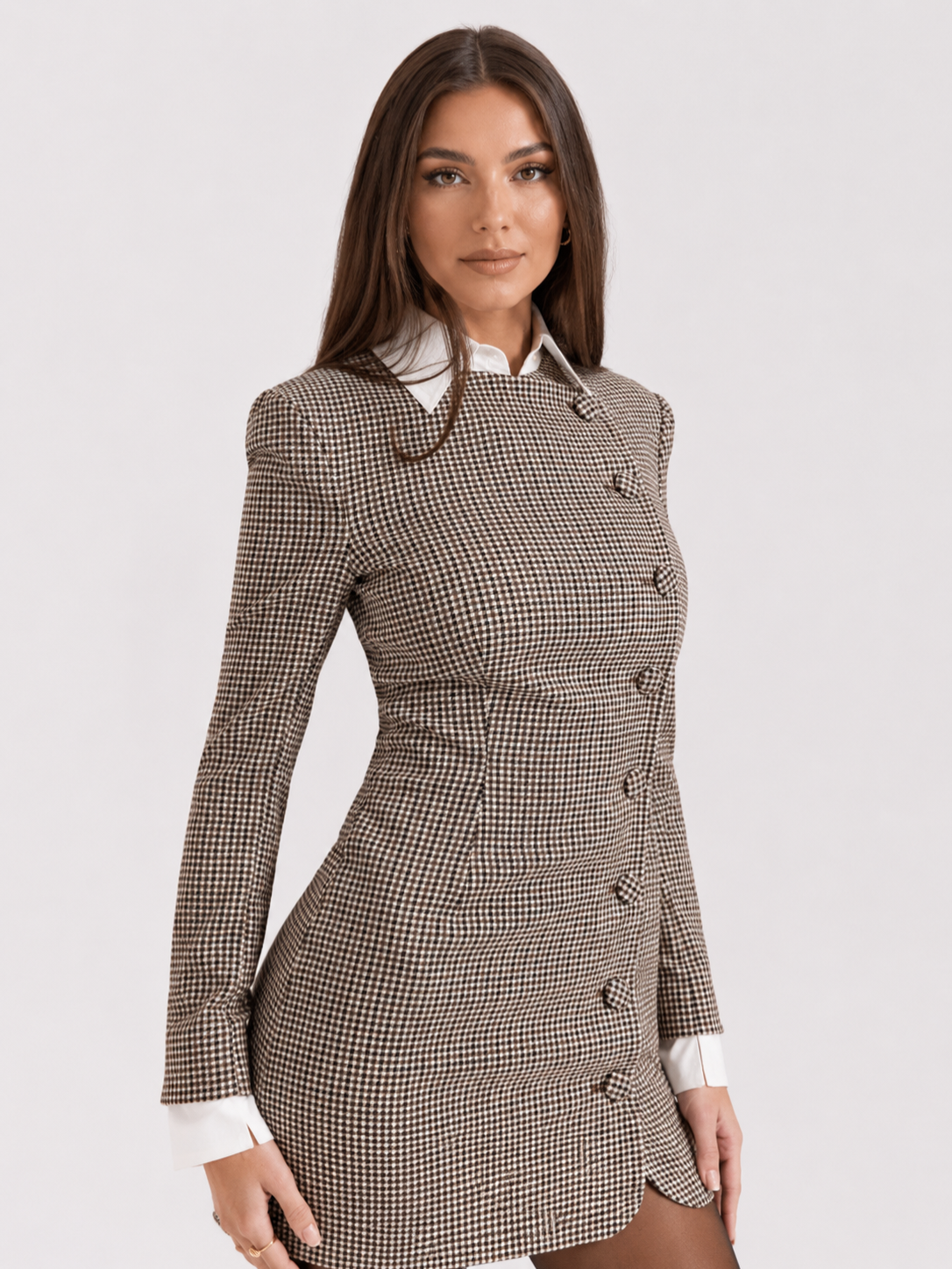 Women’s Cream Check Mini Dress with Long Sleeves