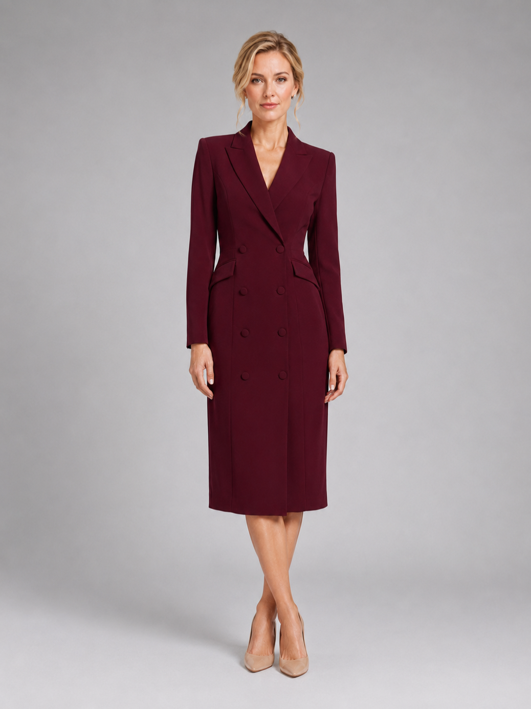 Women’s Double-Breasted Midi Dress with Long Sleeves