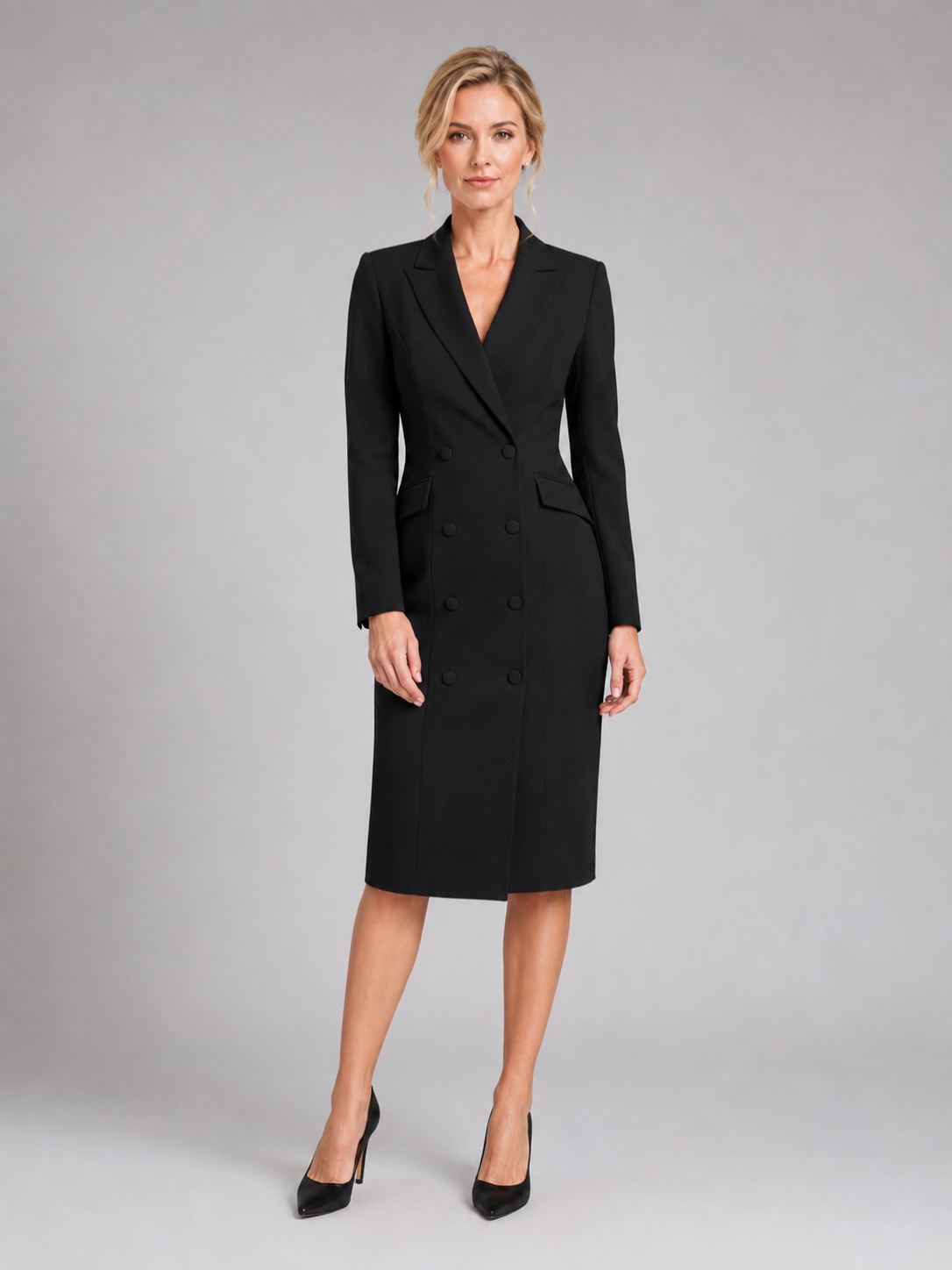 Women’s Double-Breasted Midi Dress with Long Sleeves