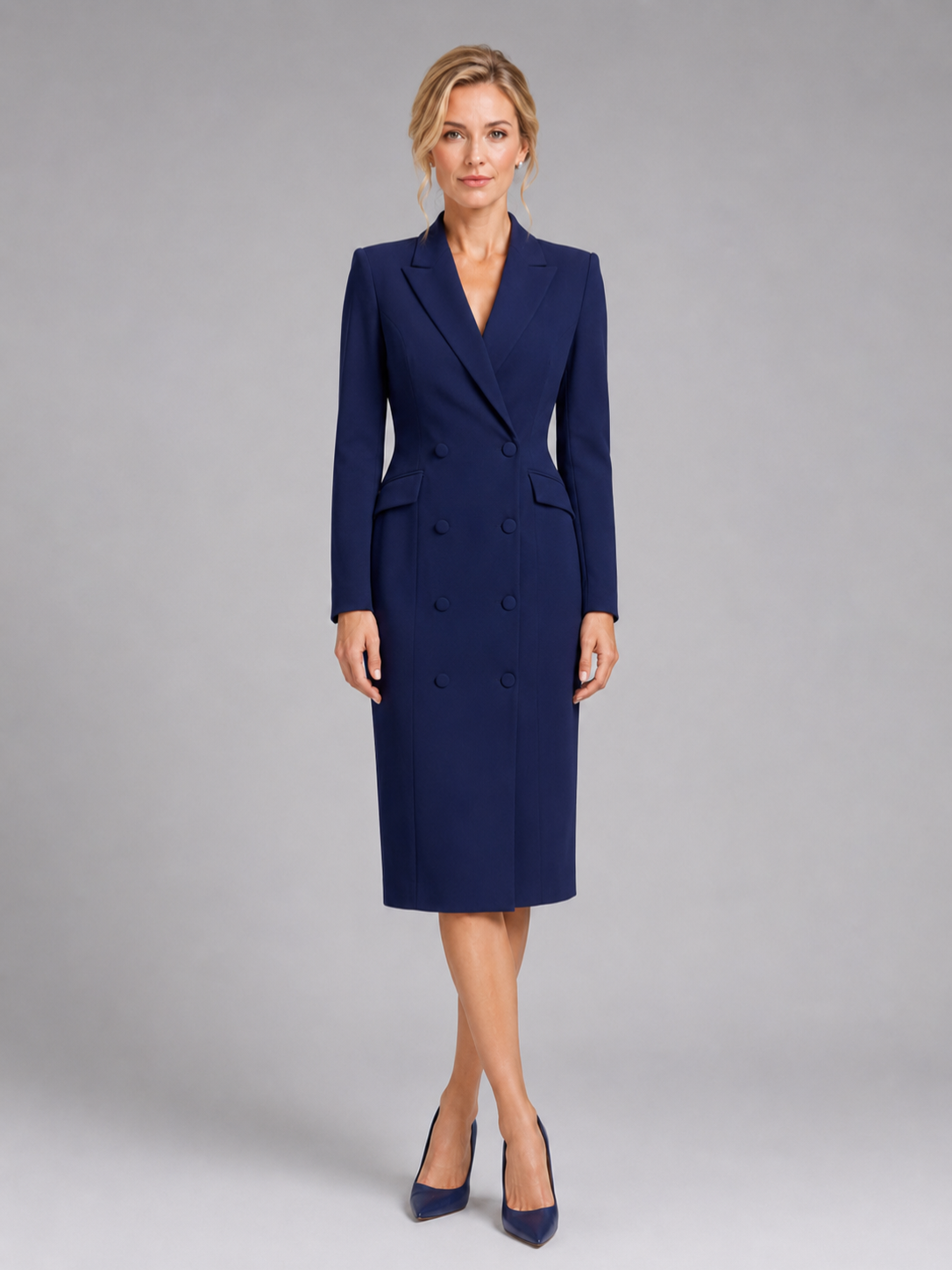 Women’s Double-Breasted Midi Dress with Long Sleeves