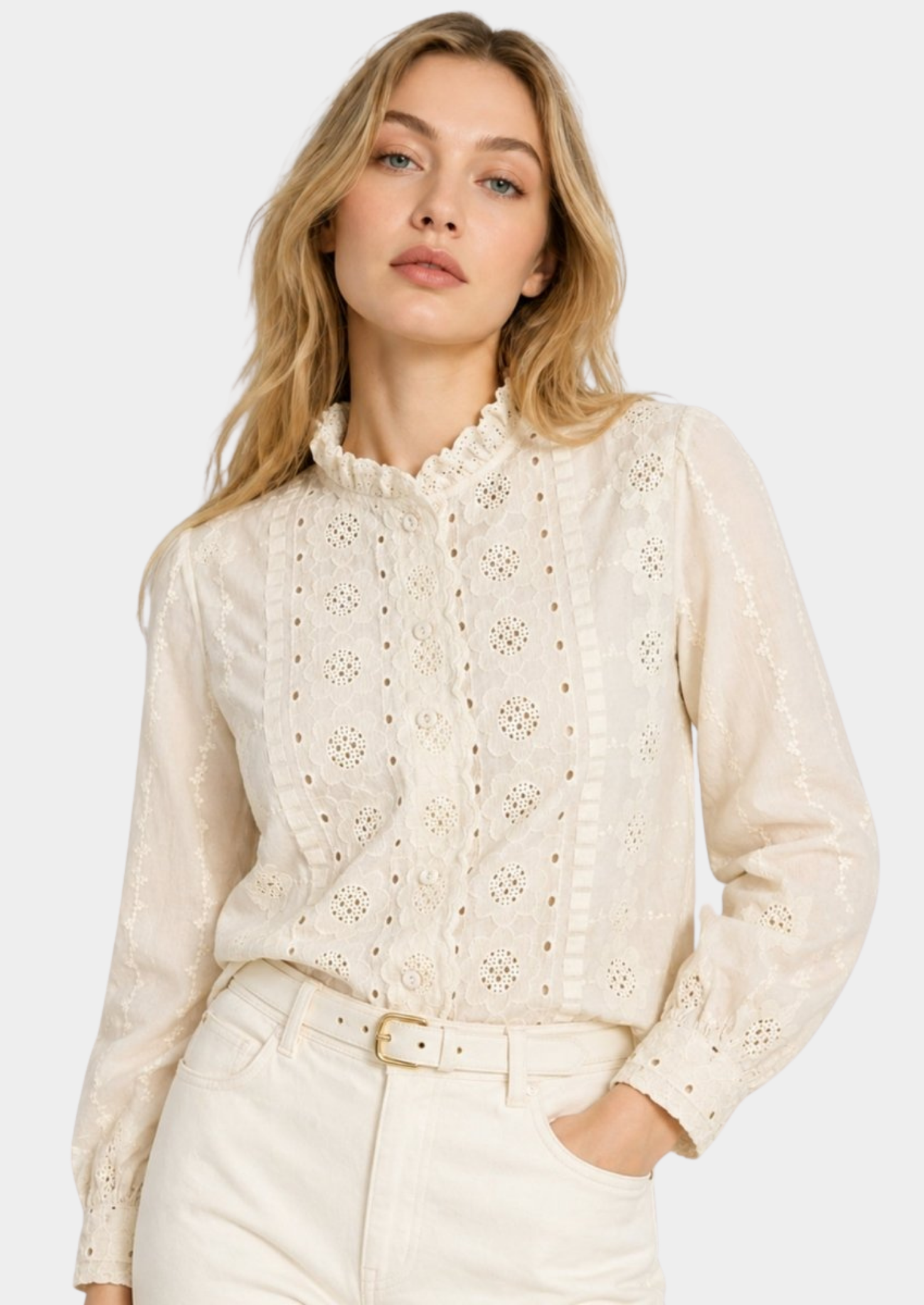 Women’s Embroidered Blouse with Ruffle Collar