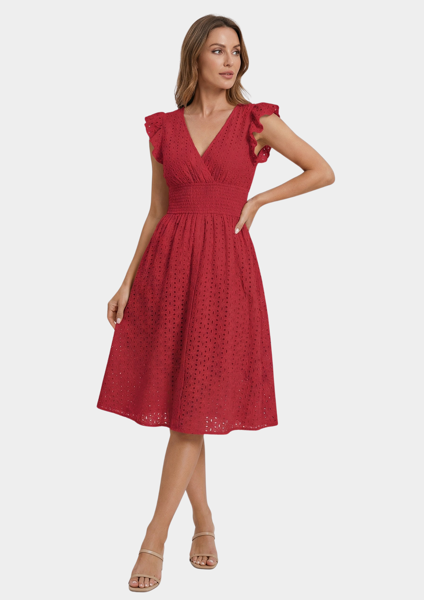 Women’s Eyelet Midi Dress with Ruffle Cap Sleeves