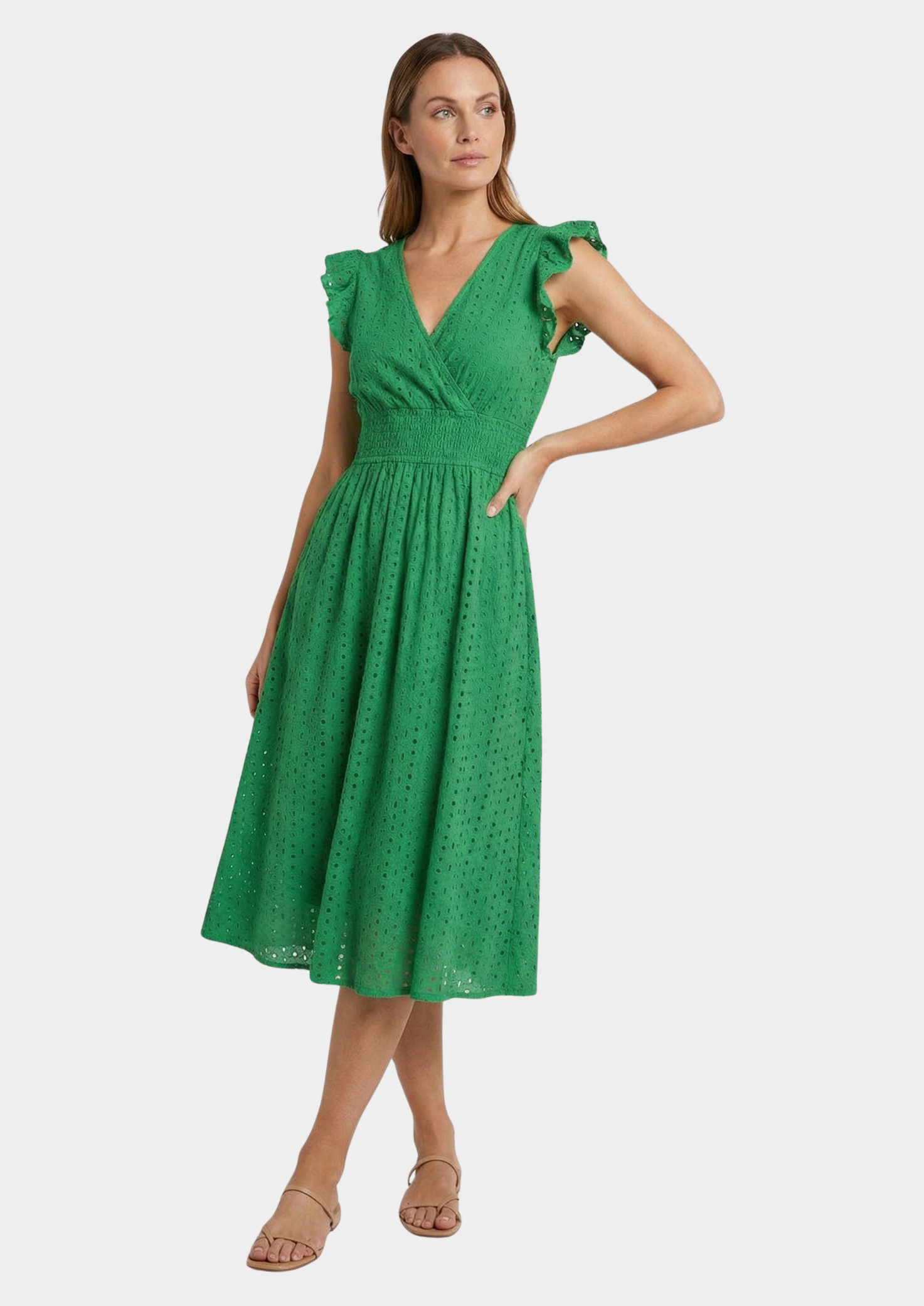 Women’s Eyelet Midi Dress with Ruffle Cap Sleeves
