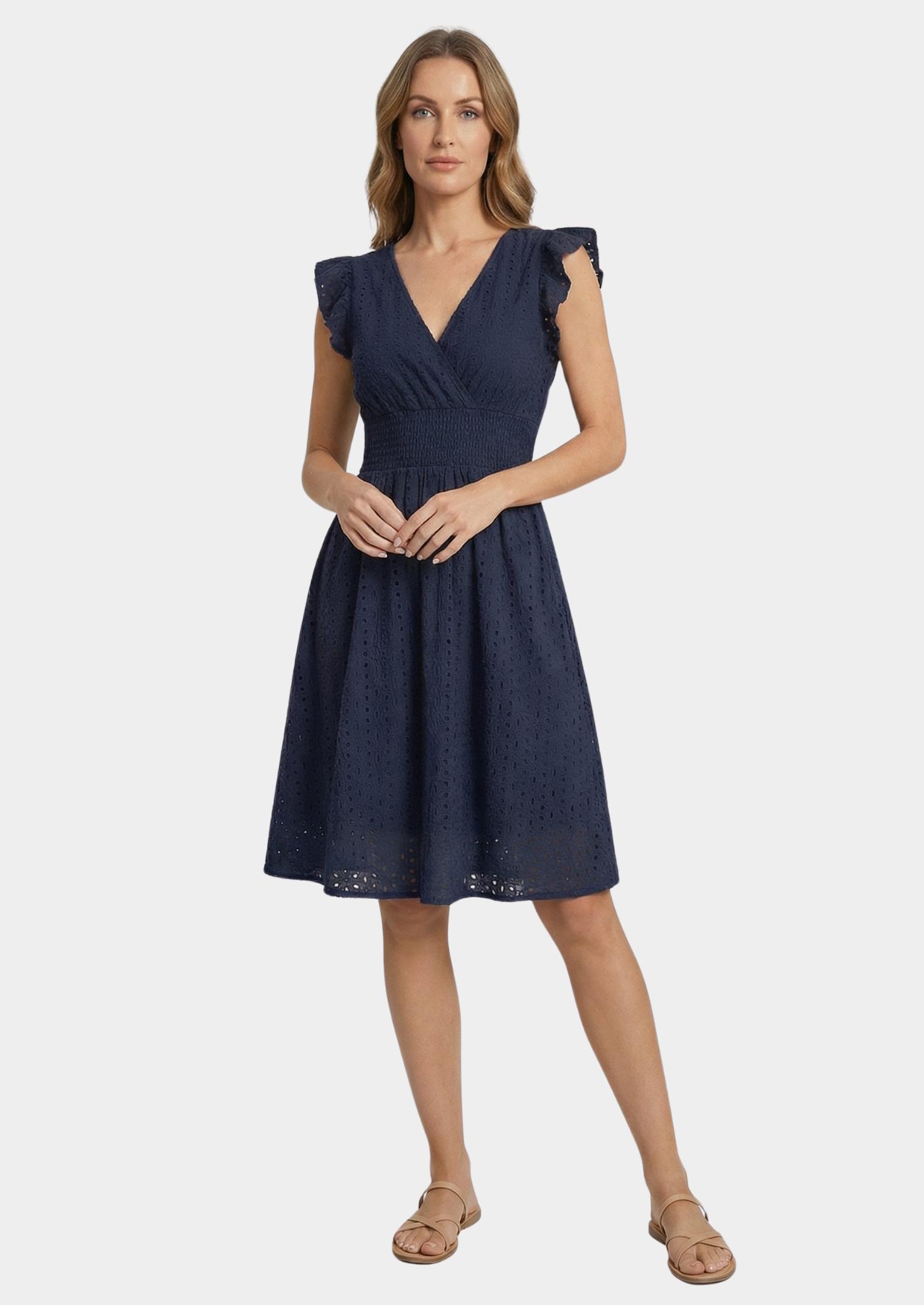 Women’s Eyelet Midi Dress with Ruffle Cap Sleeves