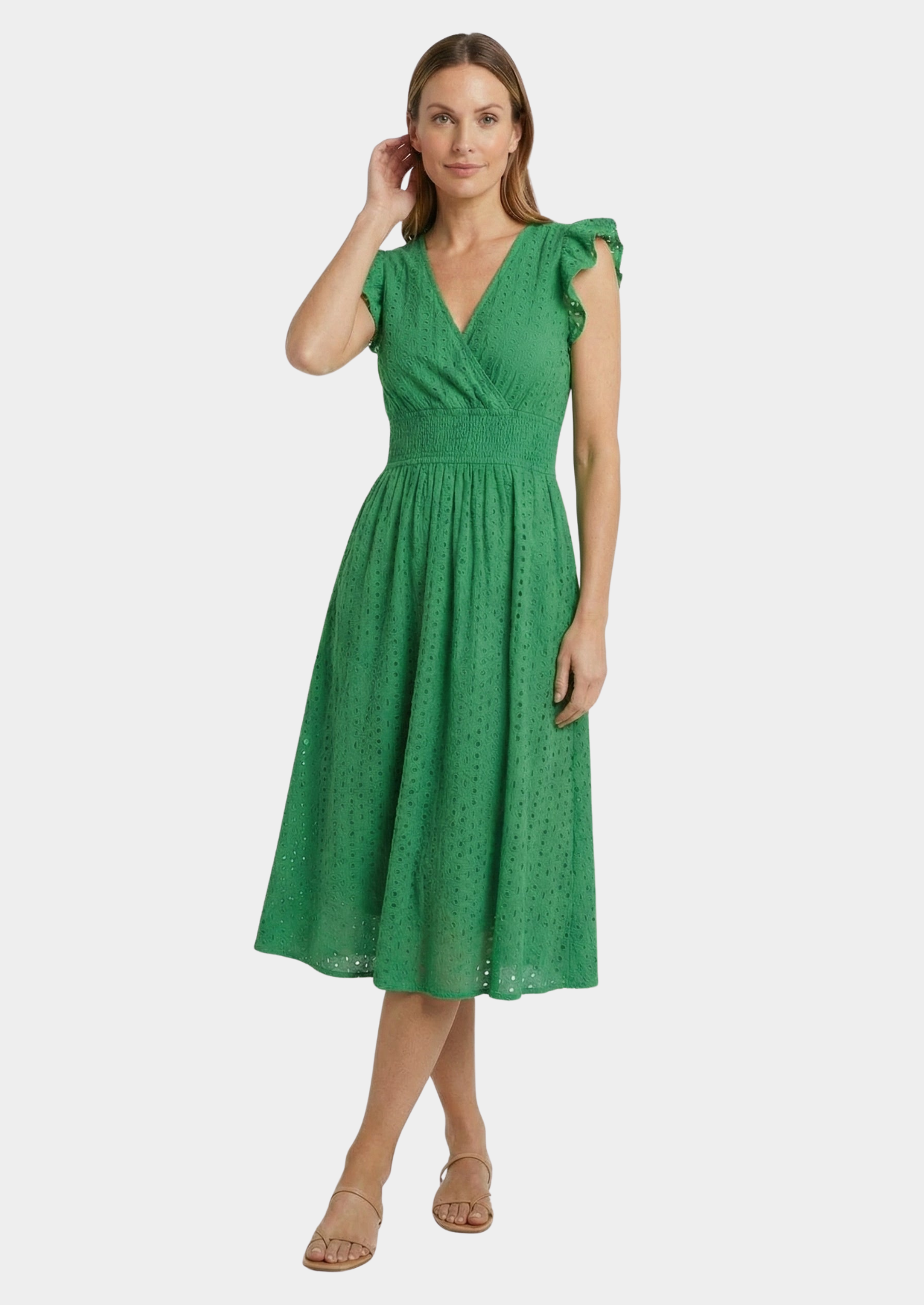 Women’s Eyelet Midi Dress with Ruffle Cap Sleeves