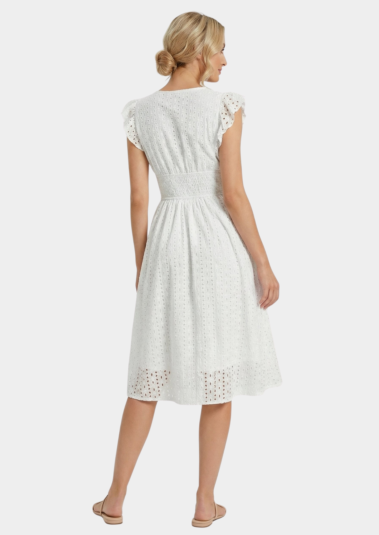 Women’s Eyelet Midi Dress with Ruffle Cap Sleeves
