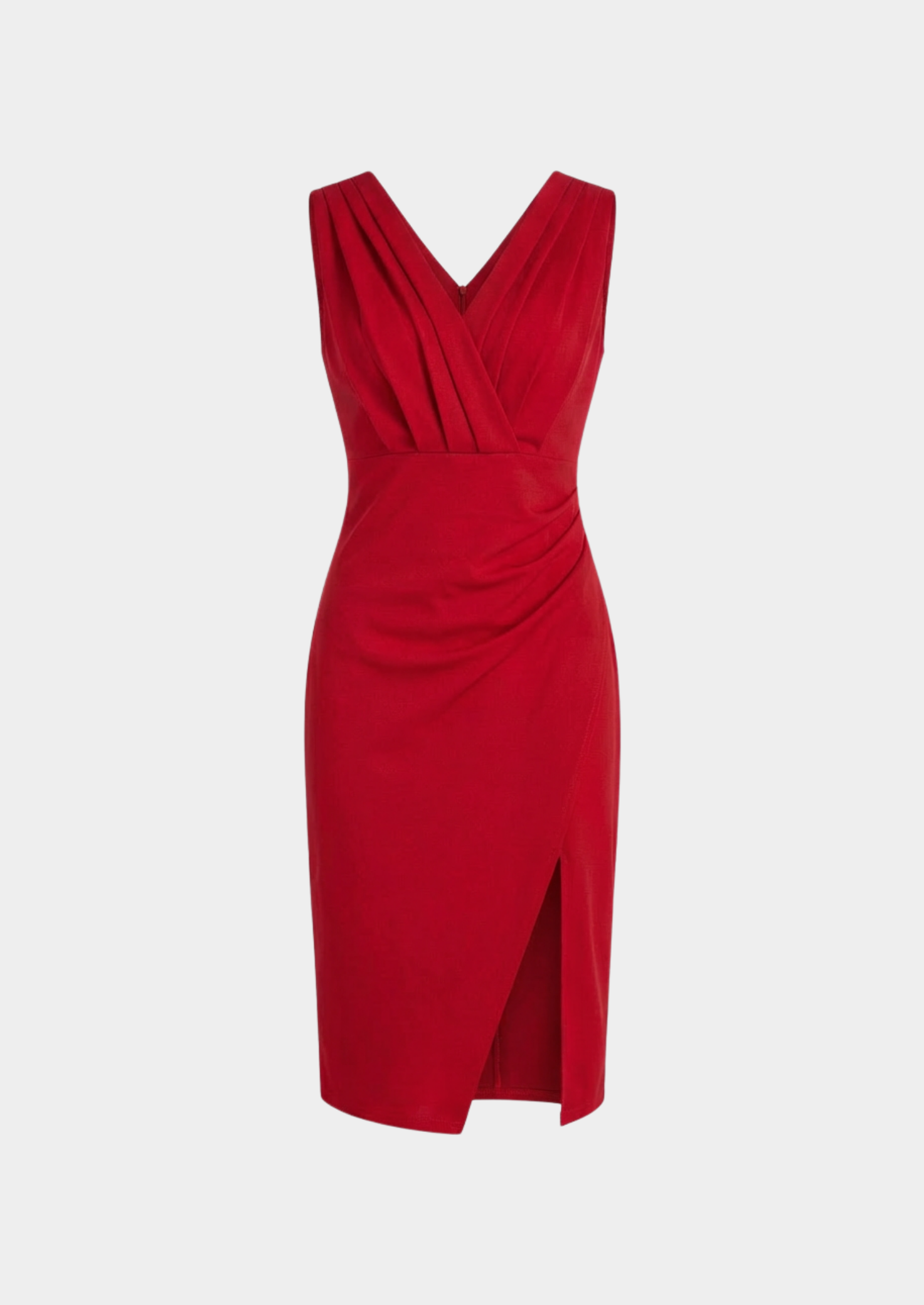 Women’s Fitted Midi Dress with V-Neck and Front Slit